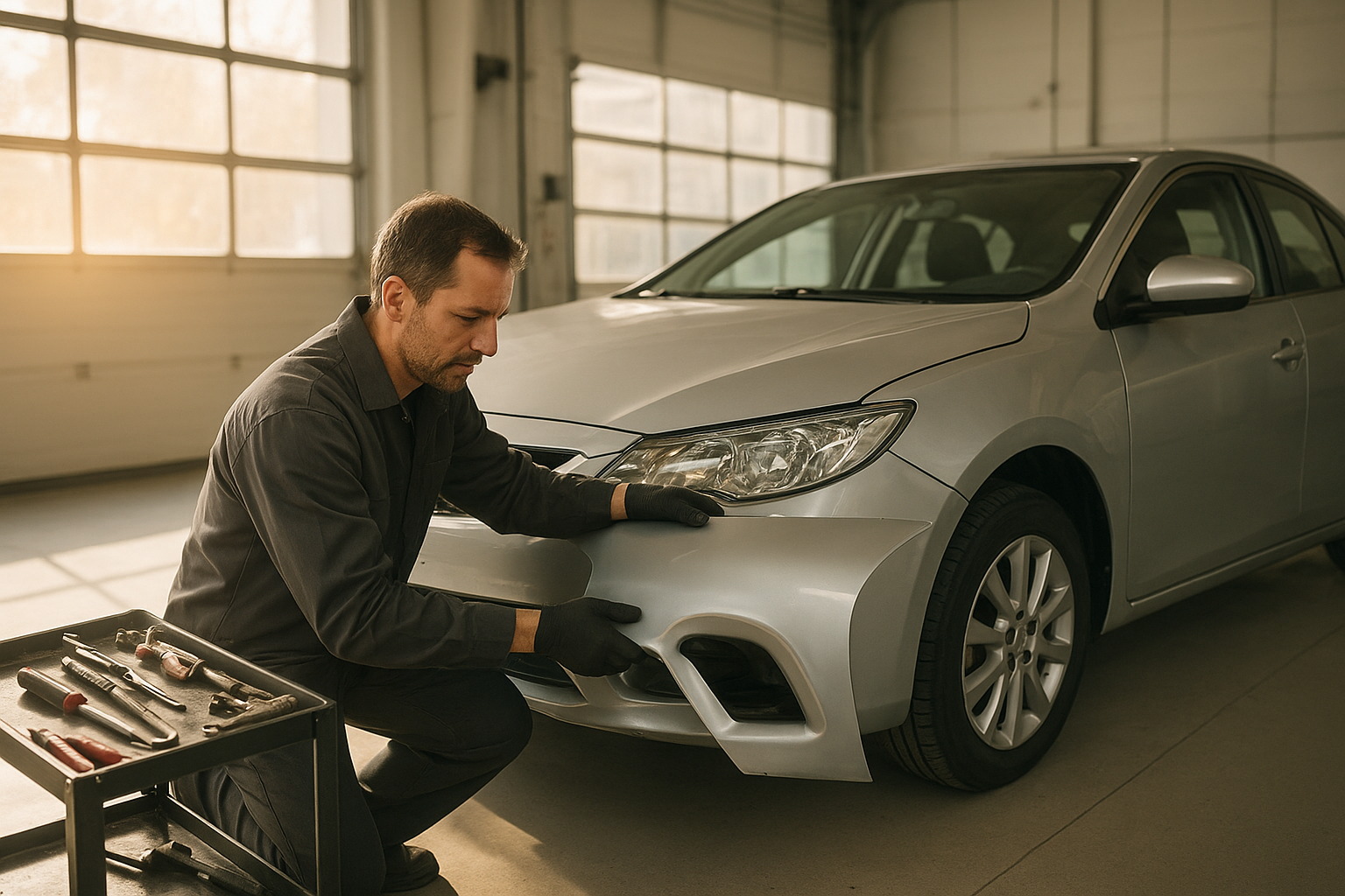 Technician performing OEM auto body parts installation Brea shops use for precise fender fitting