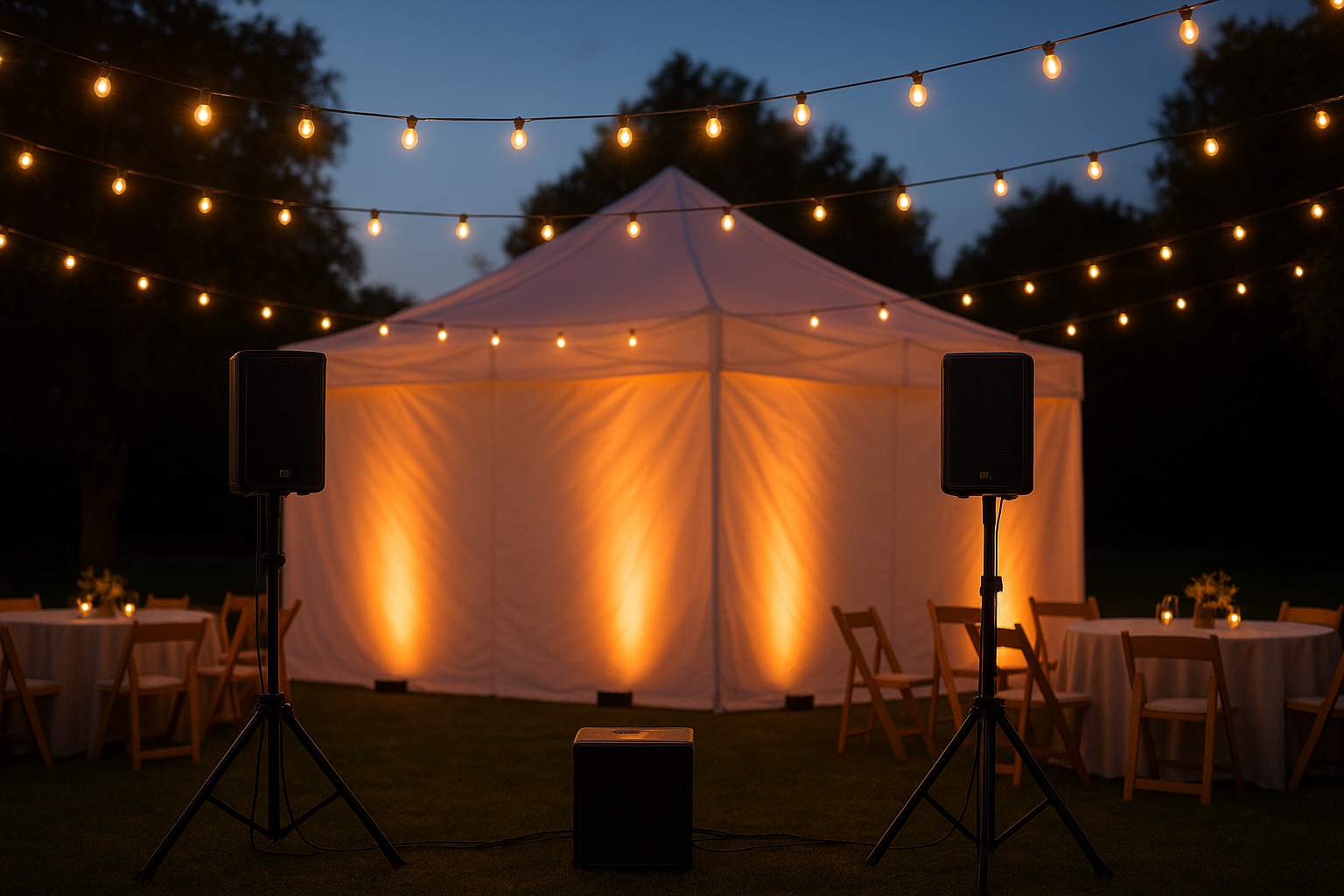 Outdoor private event sound and lighting setup with LED uplighting and PA speakers under a tent at dusk