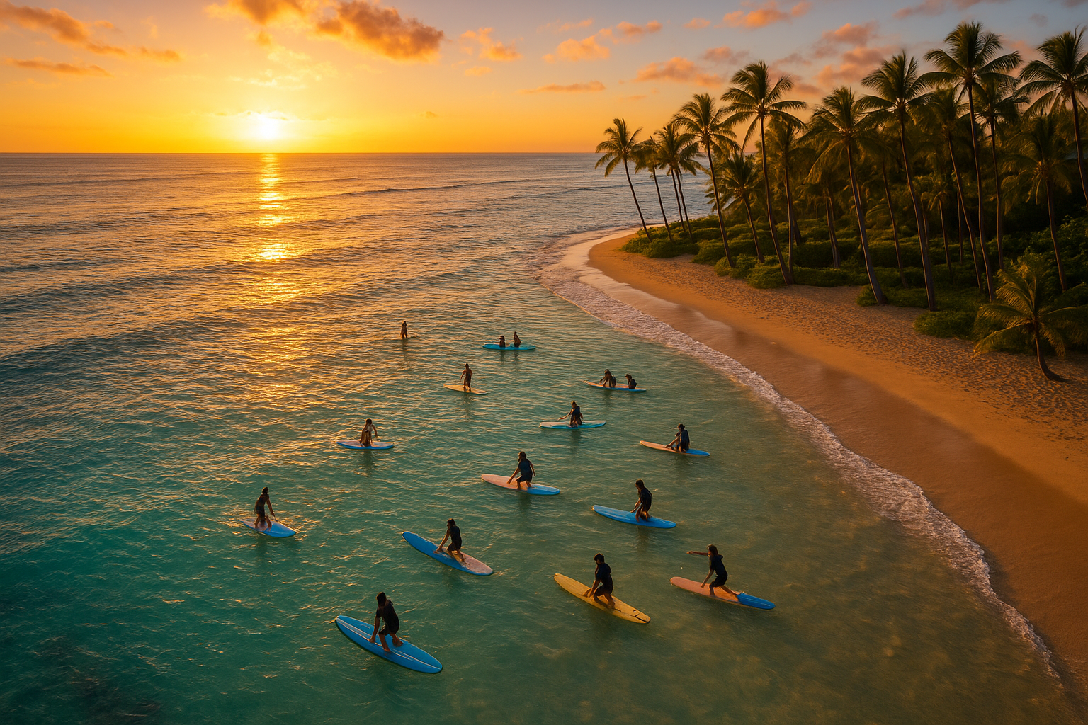 Aerial view of a Hawaiian beach hosting surf lessons for tourists at sunset