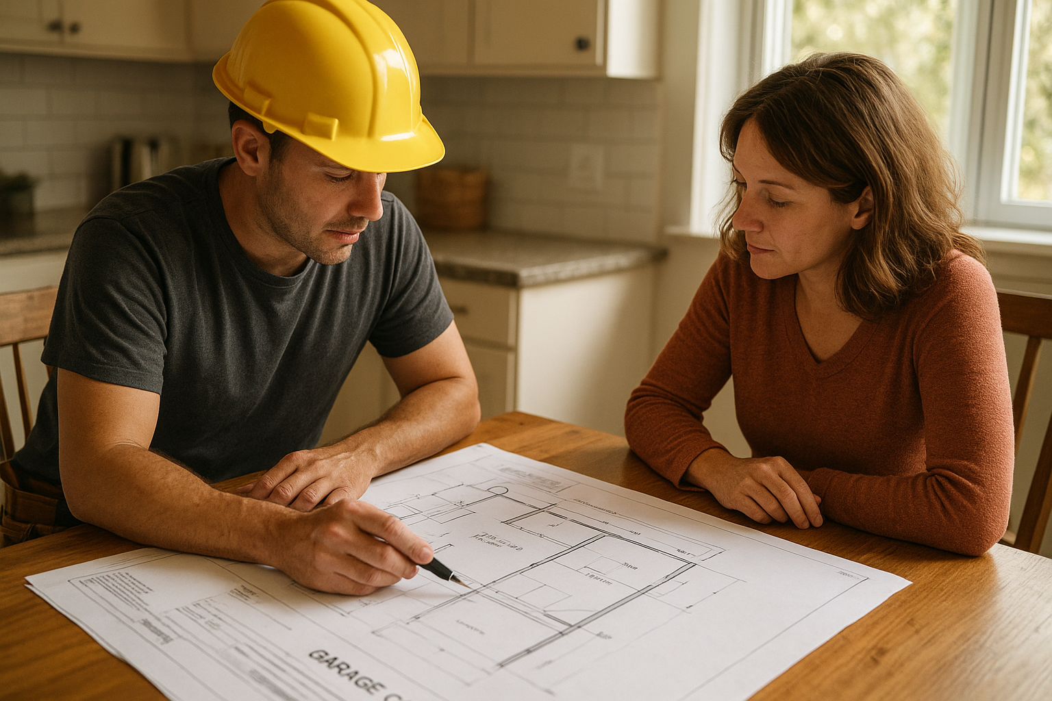 Contractor and homeowner reviewing garage conversion plans for an Orange County ADU project