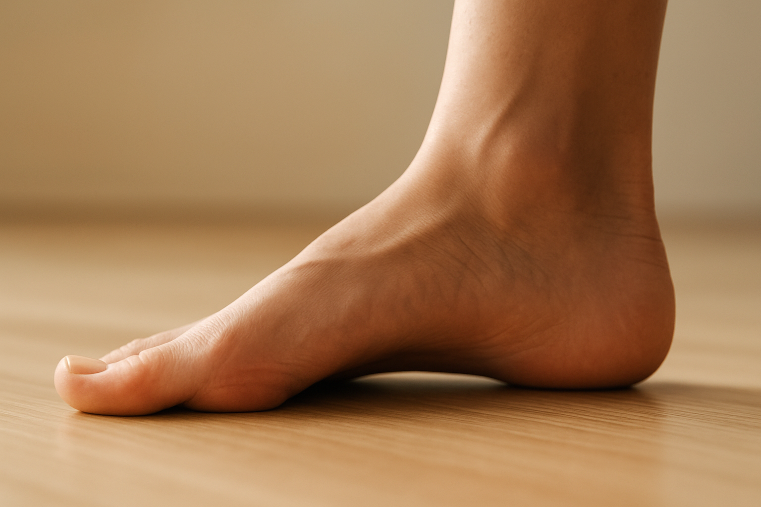 Bare foot with flat arch showing lack of medial arch curve, illustrating the need for foot support for flat feet