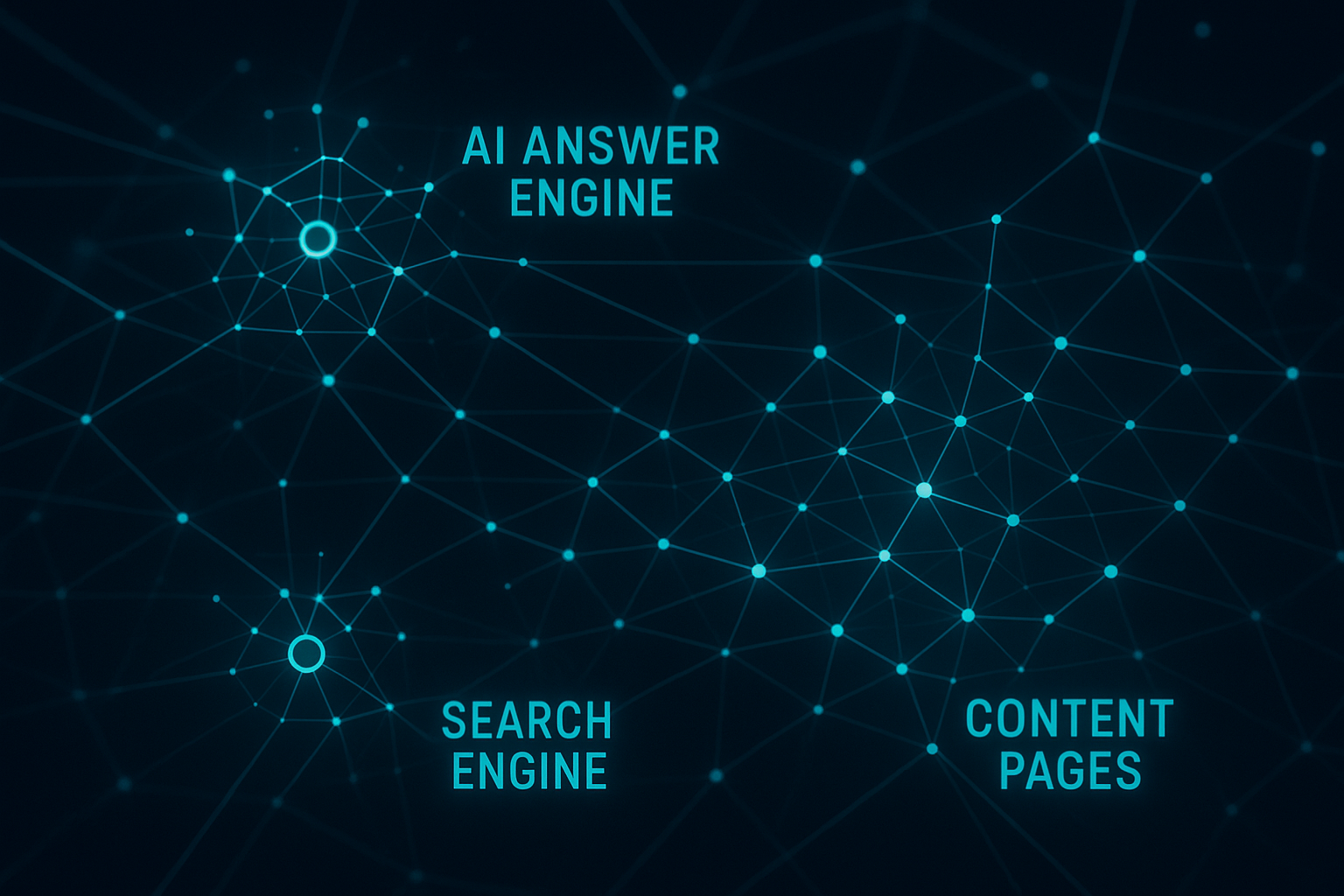Network diagram illustrating GEO, AEO, and SEO connections across AI answer engines