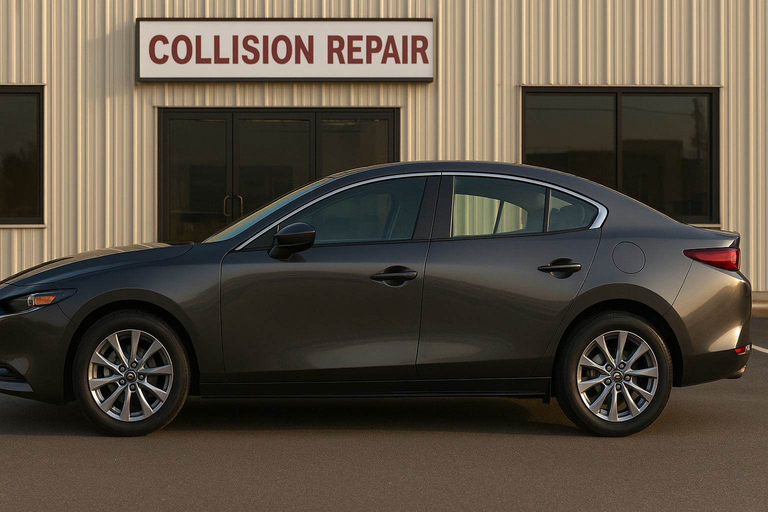 Repaired sedan after frame and body collision repair parked outside an auto body shop