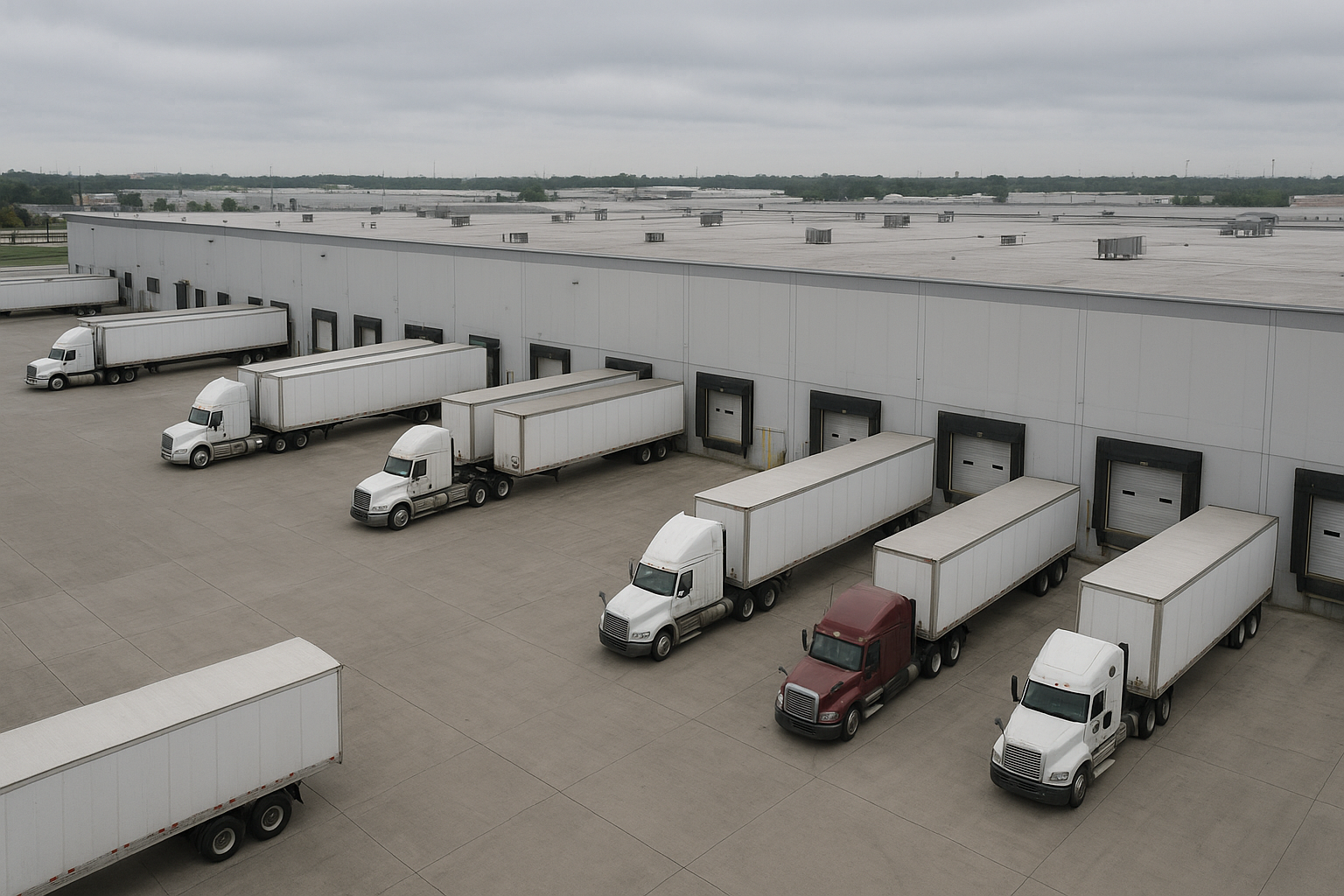 Warehouse yard with trucks representing carrier network built after freight broker training