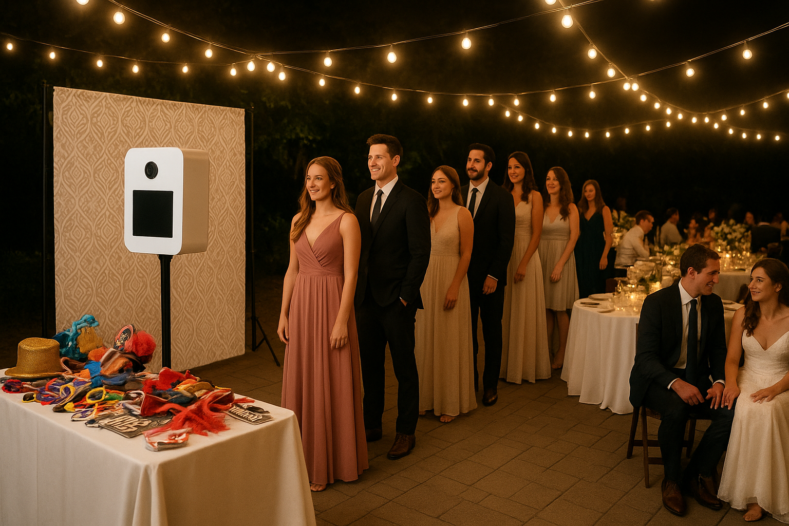 Wedding guests lining up for a boomerang and GIF photo booth rental station