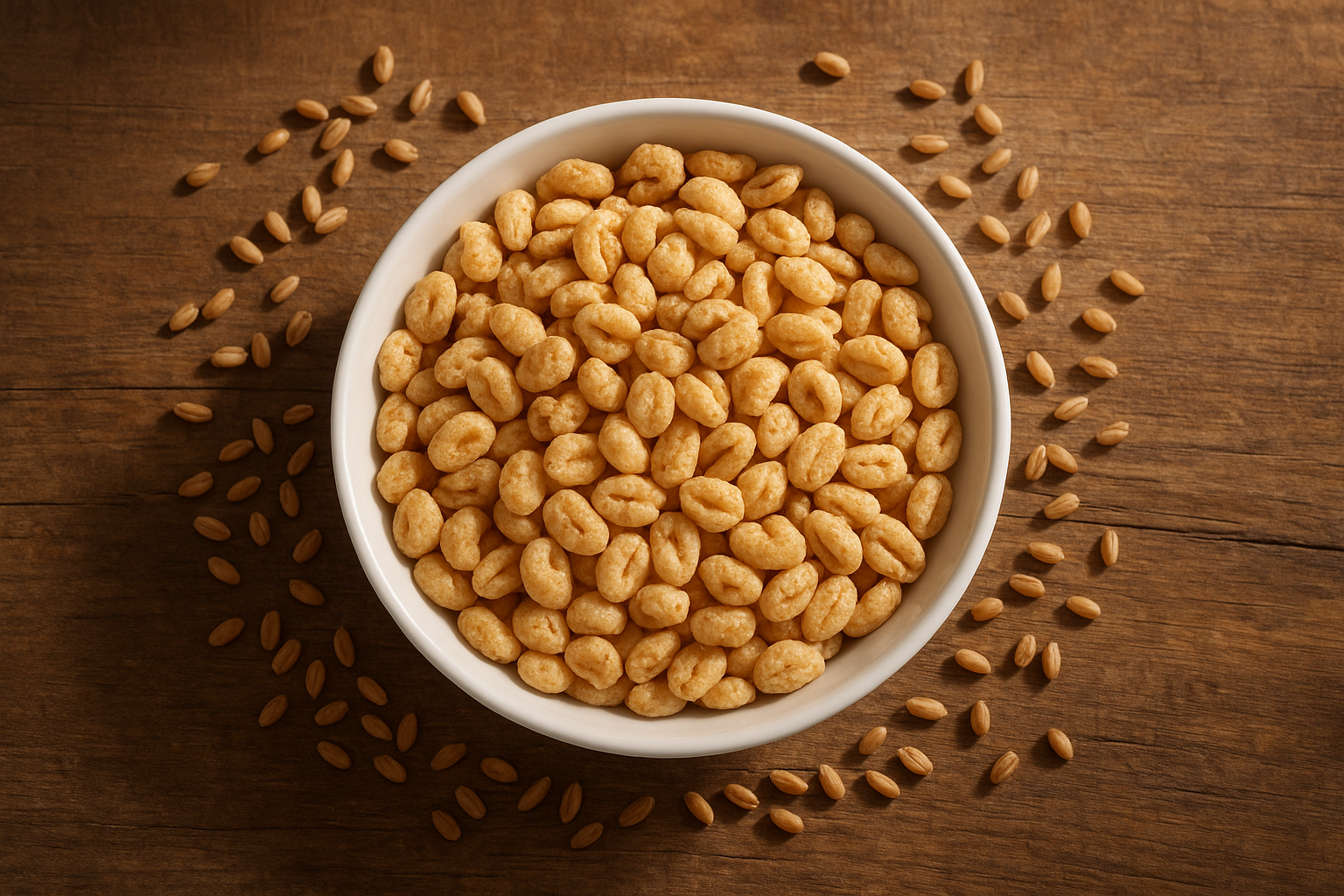 Bowl of organic puffed cereal without seed oils on a wooden breakfast table