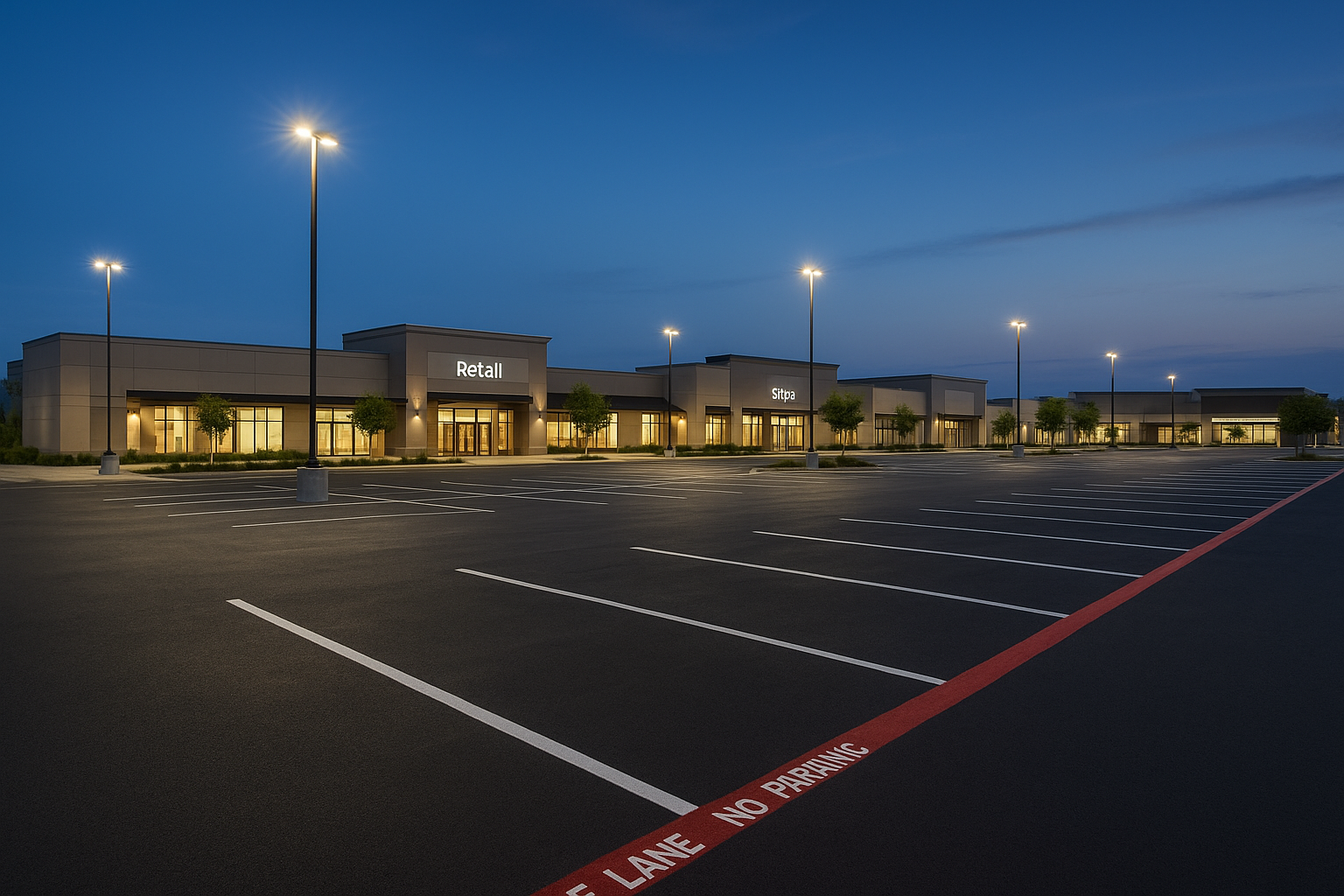 Commercial parking lot with red fire lane striping and freshly painted white stall lines at dusk in Frisco Texas