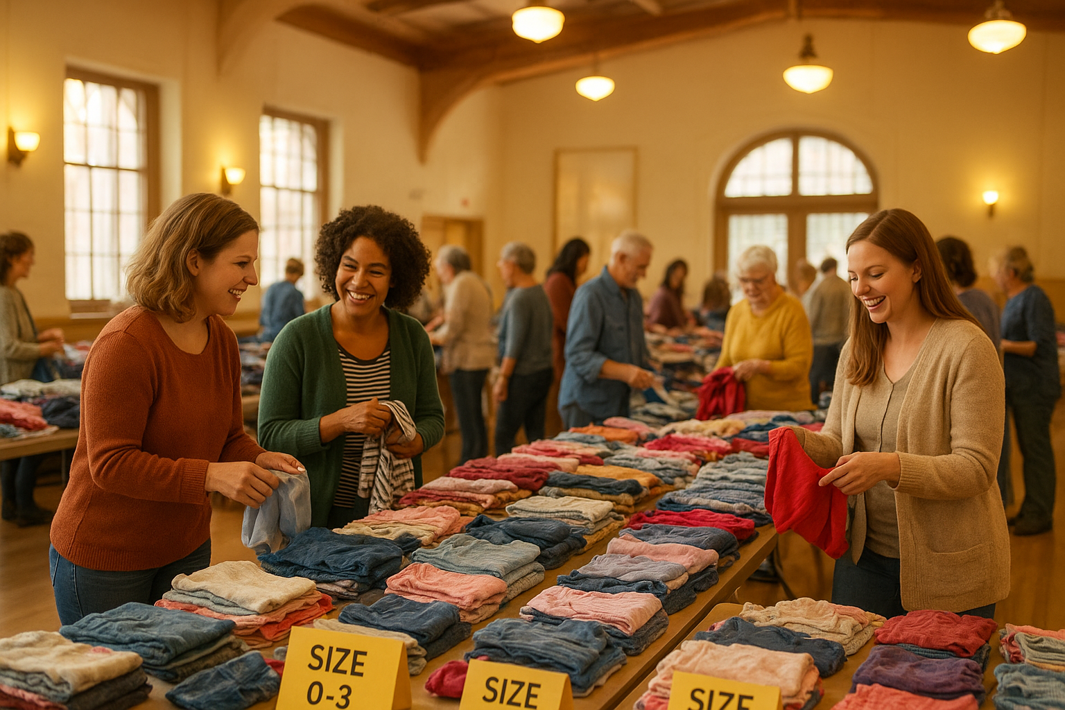 Community children's clothing swap event with families browsing organized tables of kids' garments