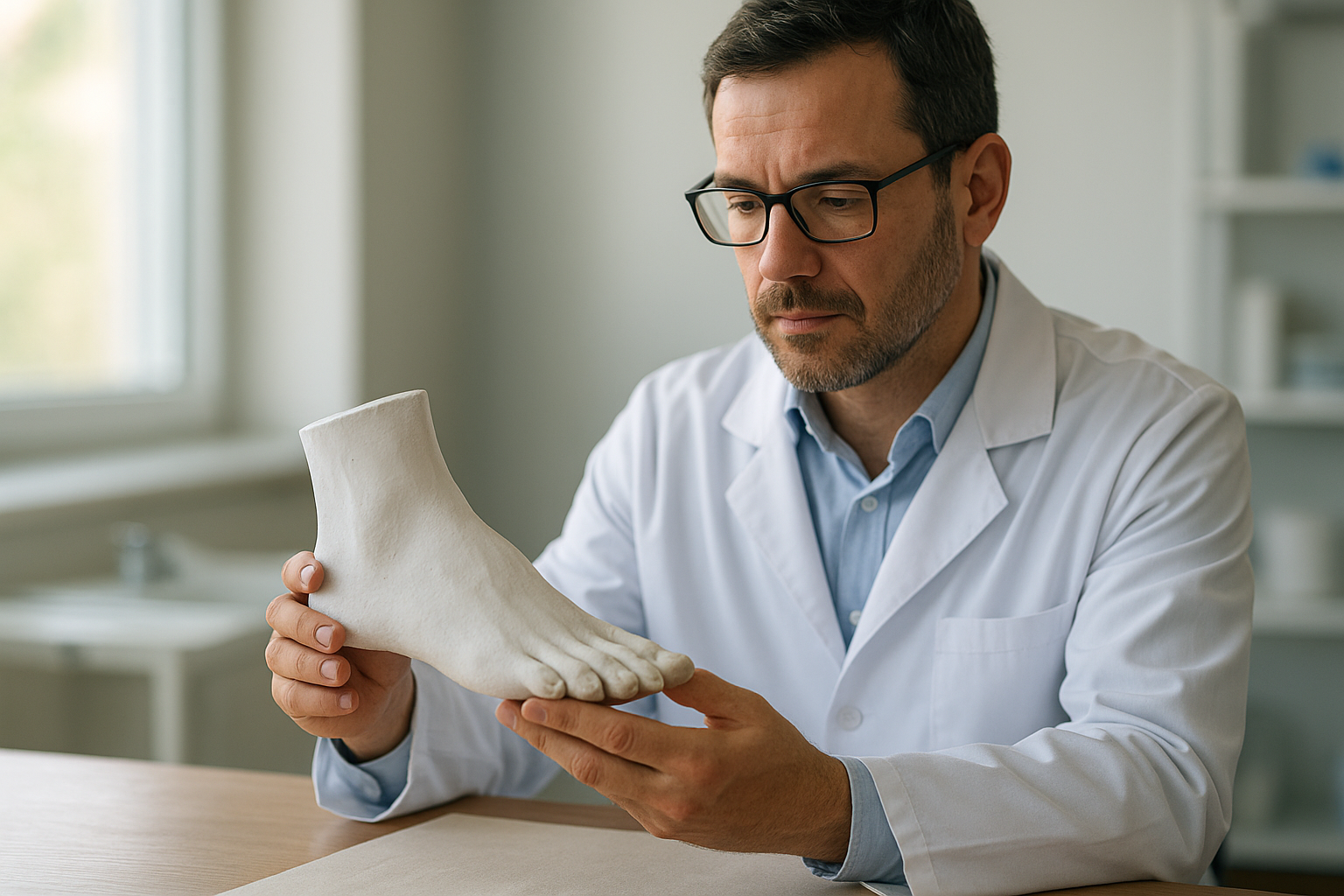 Podiatrist inspecting a foot mold used to craft reliable foot orthotics for pain management