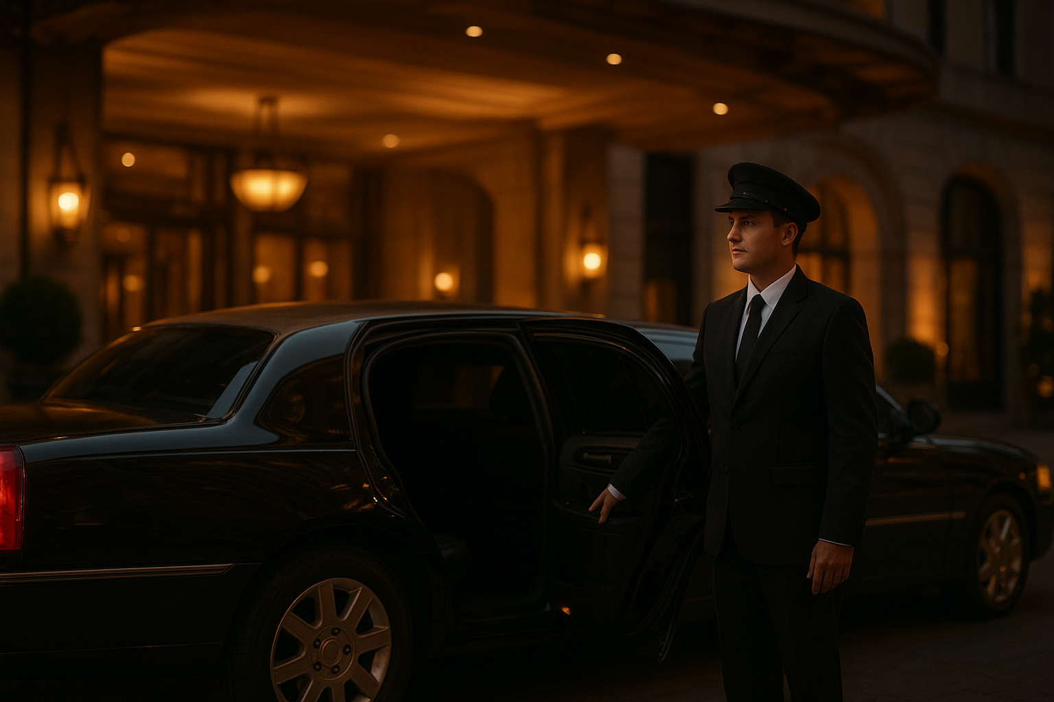Chauffeur opening the door of a five stars limousine outside a Charlotte hotel