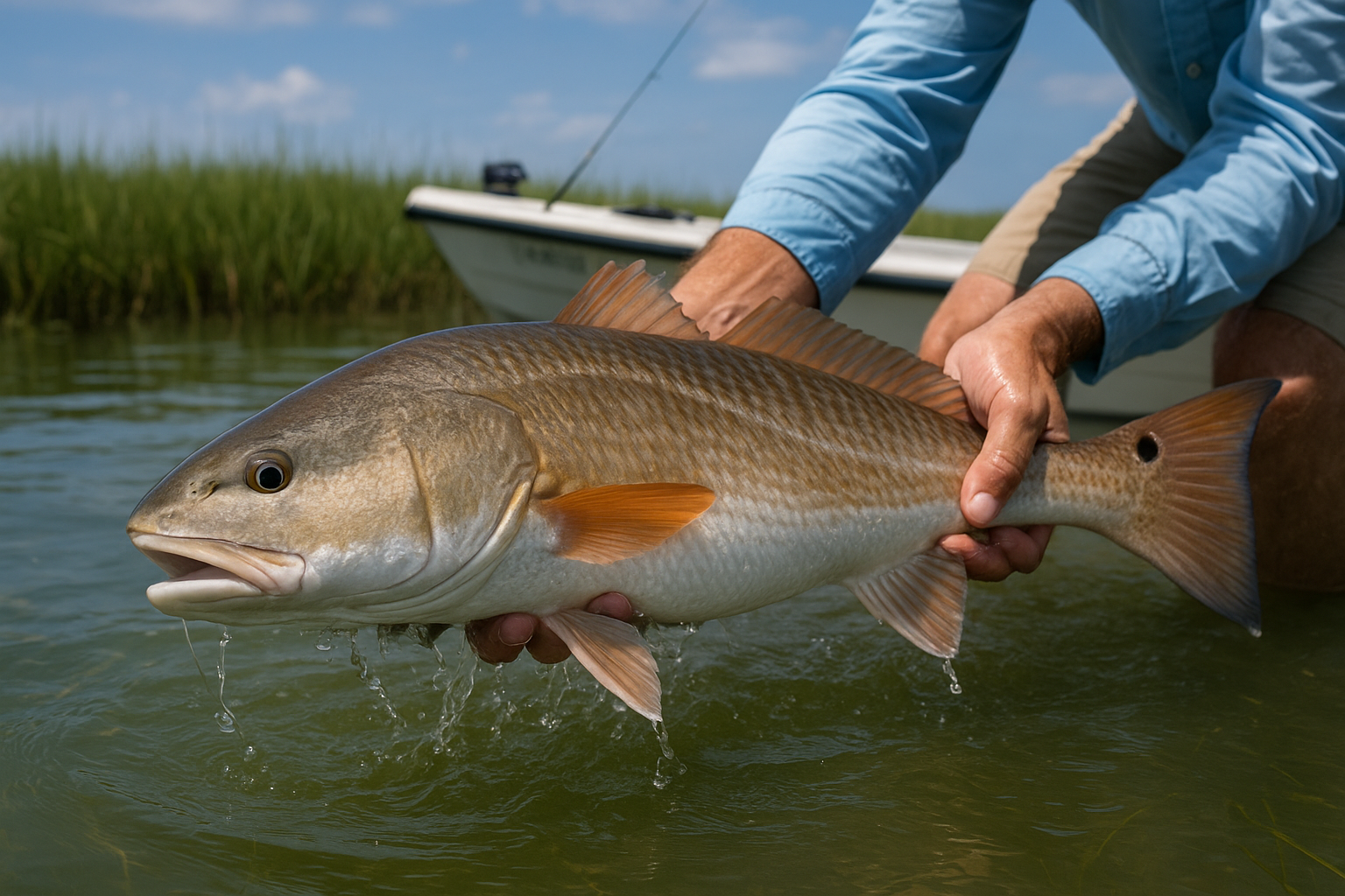 Angler reeling in a redfish while inshore fishing near Little River South Carolina