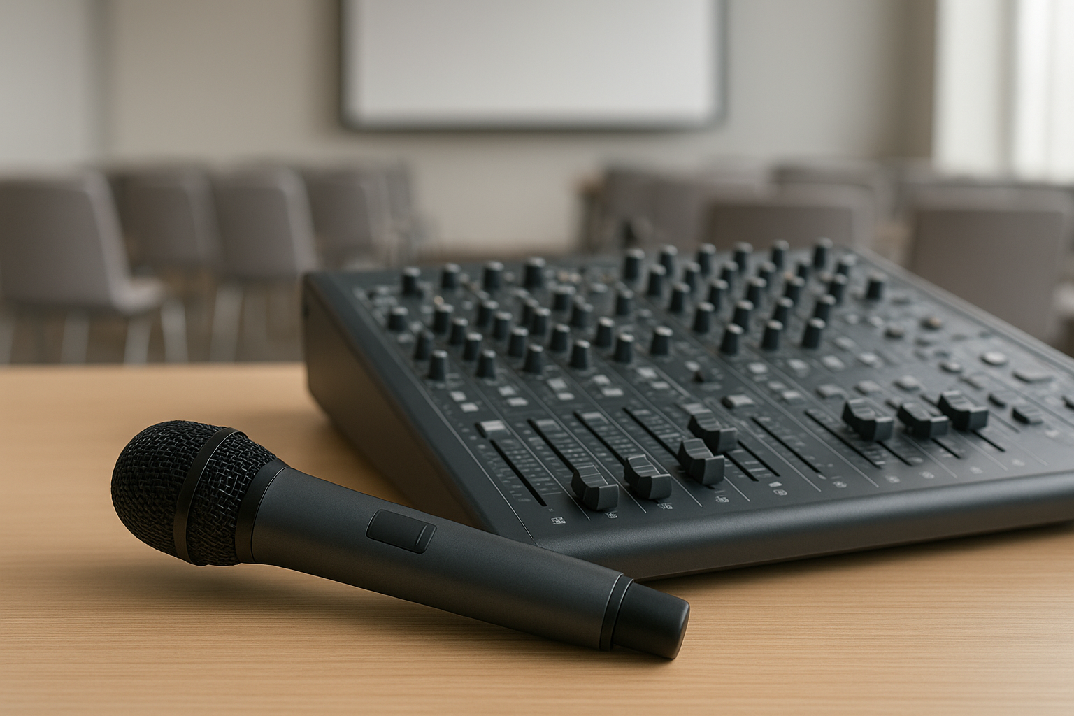 Wireless microphone and mixing board used for corporate conference sound