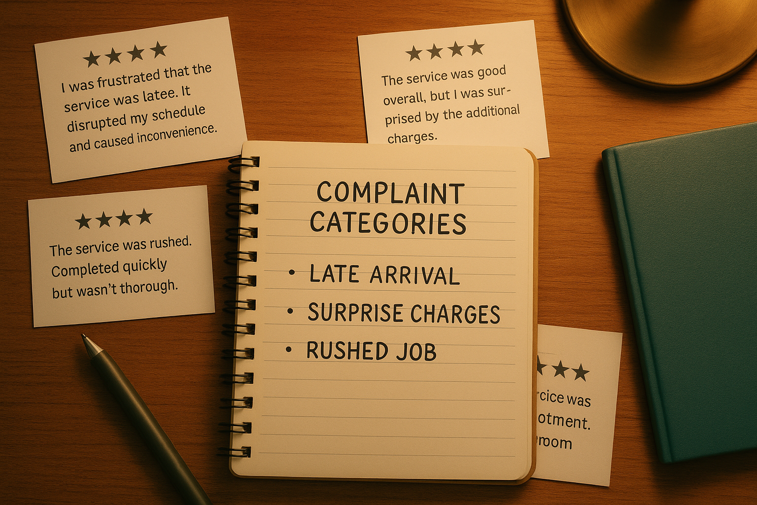 Handwritten complaint themes organized on a notebook page from analyzing competitor negative reviews