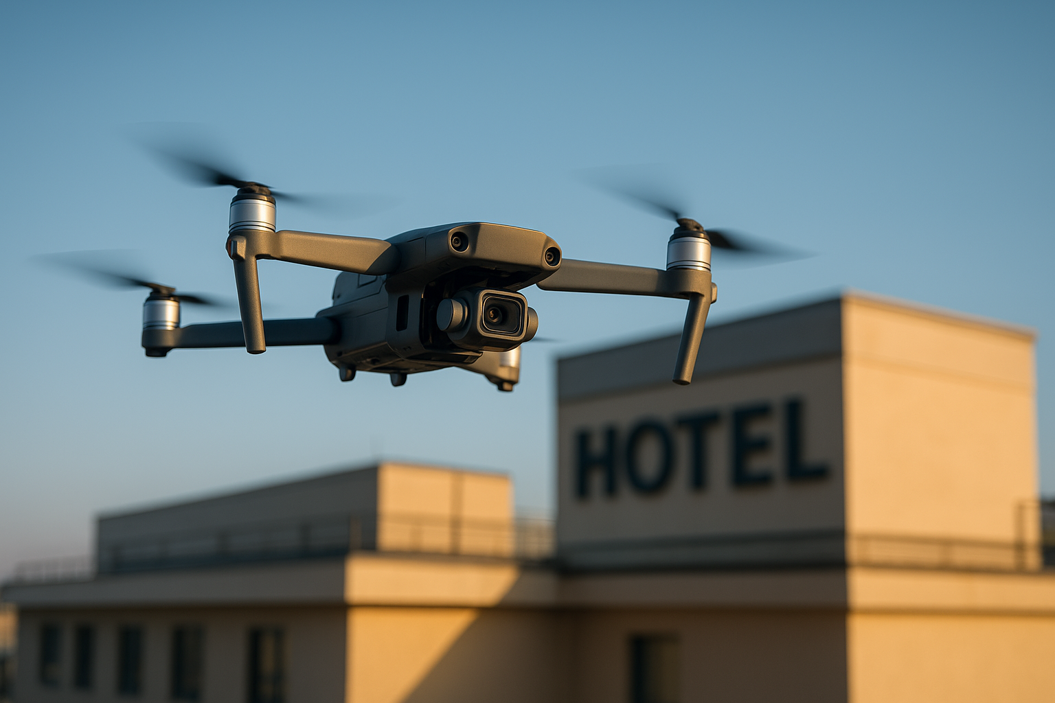 Drone performing an aerial inspection flight near a hotel rooftop