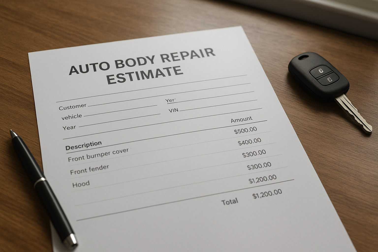 Detailed written auto body repair estimate document showing itemized parts and labor costs