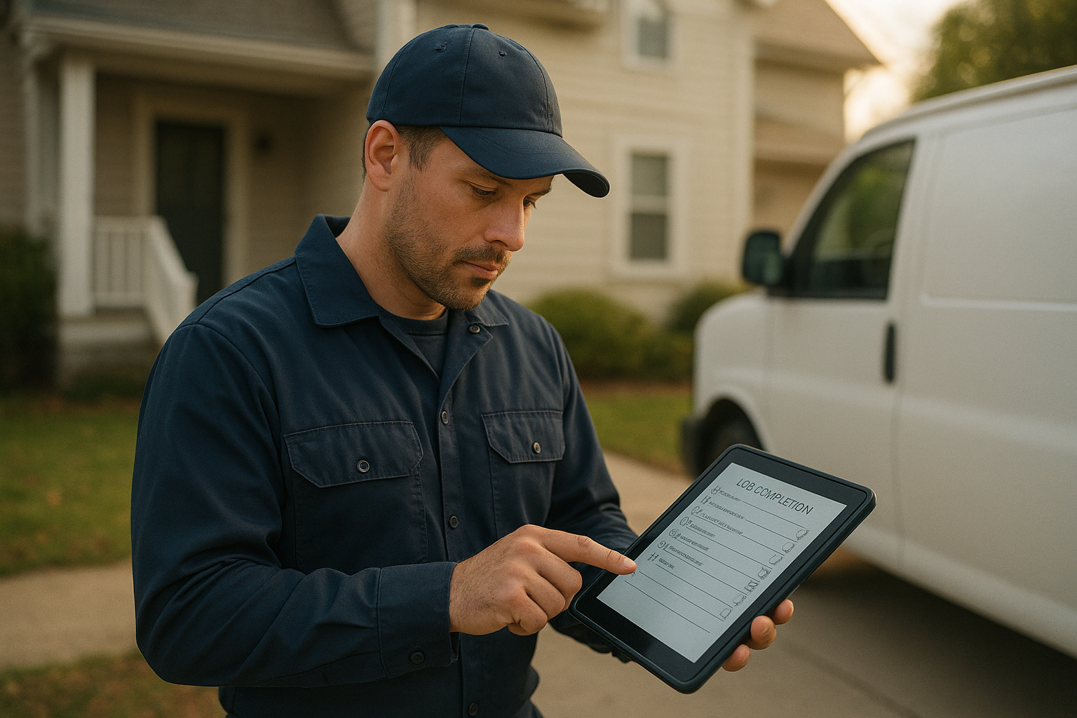 HVAC technician using a field app included in flat-rate field service software without extra per-seat fees