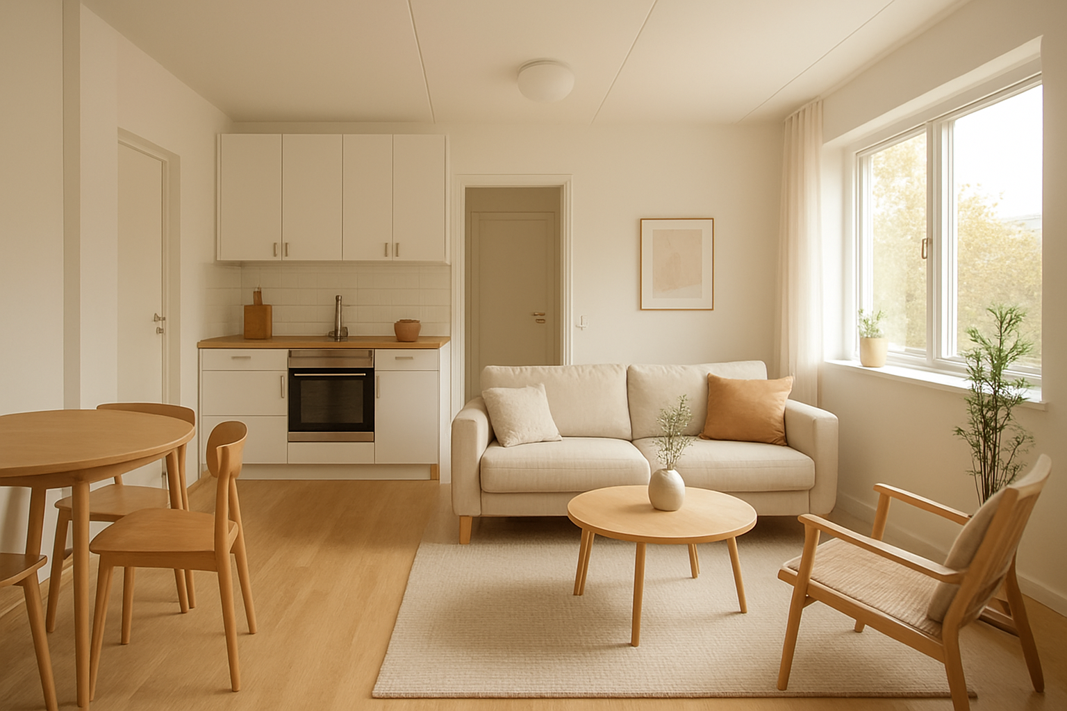 Bright open-plan interior of a compact 500 sq ft ADU with light wood floors and minimalist kitchen