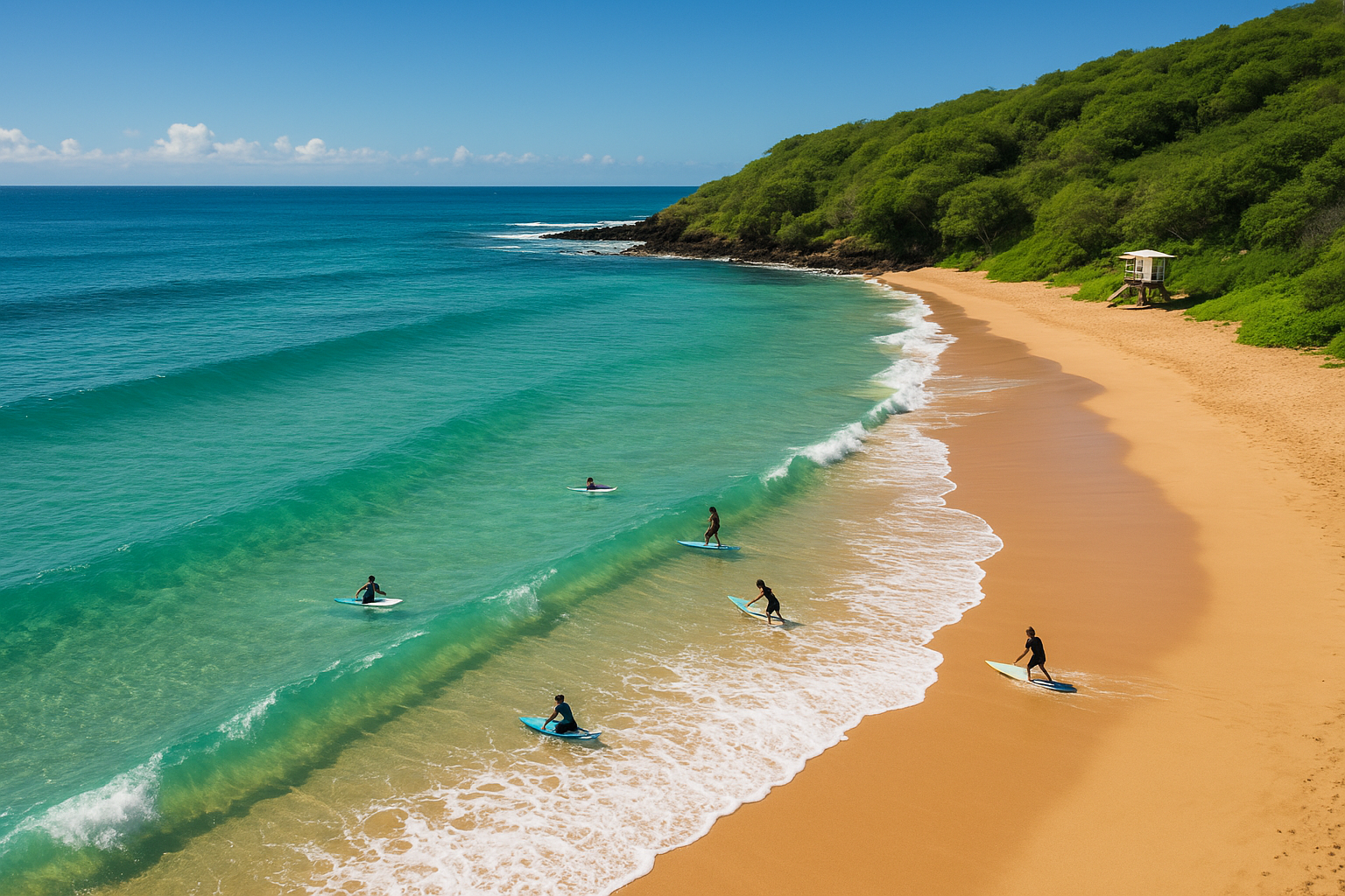 Aerial view of a calm Oahu beach cove ideal for beginner surf safety workshops Oahu visitors attend