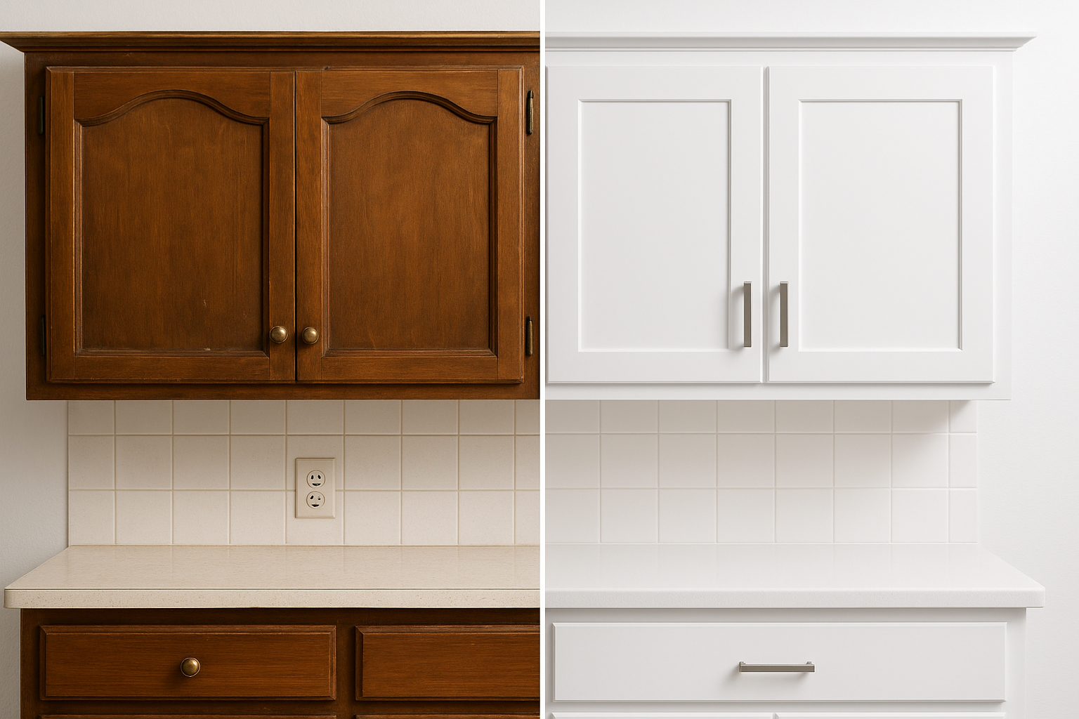 Before and after comparison showing outdated cabinets transformed through professional refacing