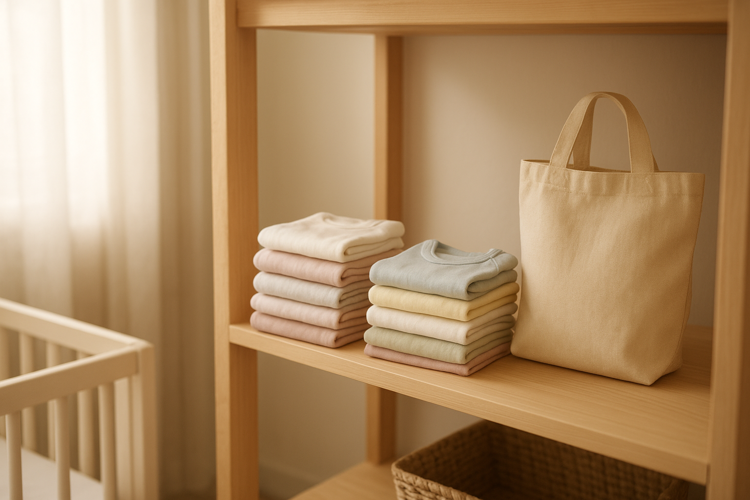 Folded pastel baby clothes representing an environmentally friendly baby clothes subscription