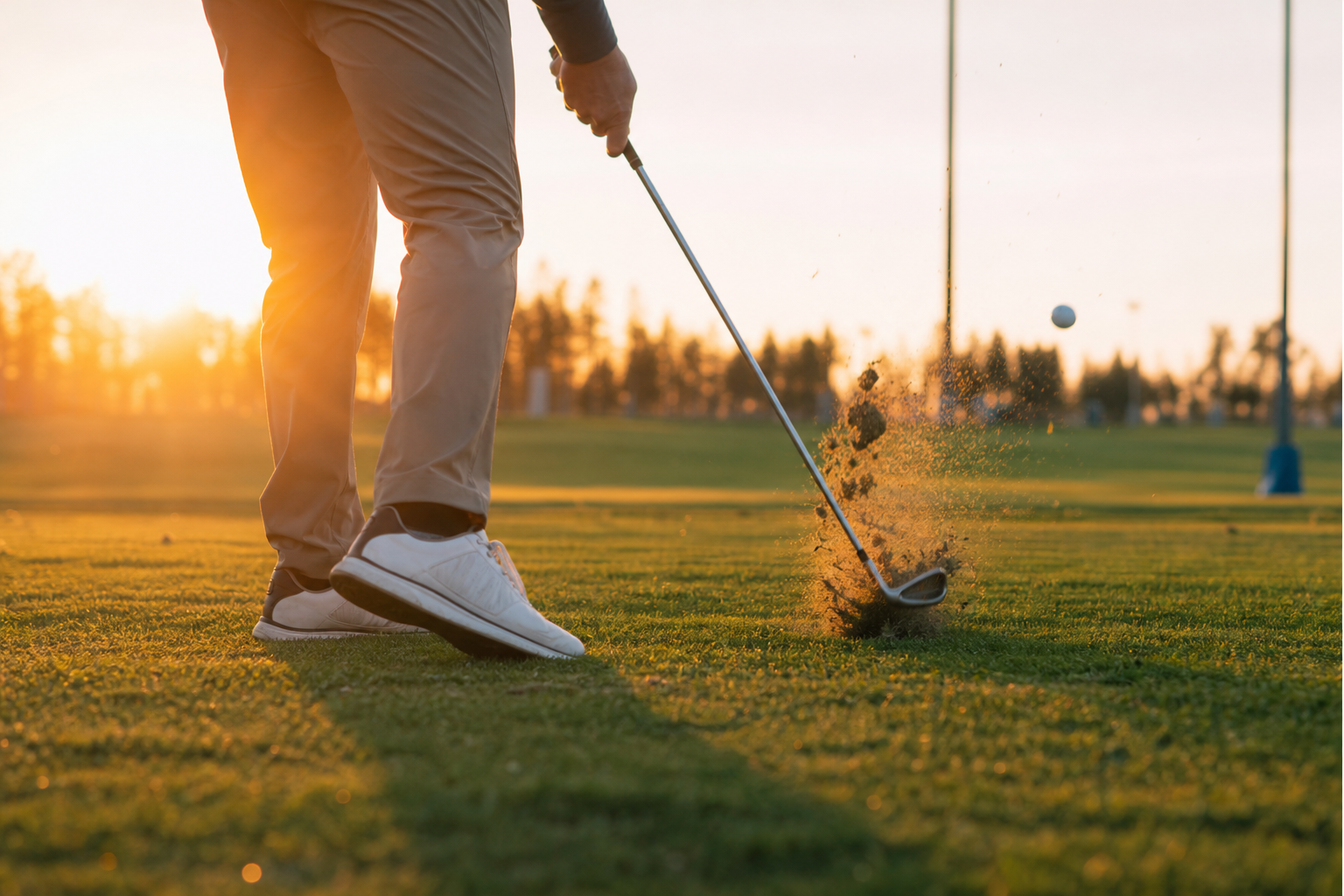 Close-up of a golfer's impact position while practicing power transfer drills at sunset