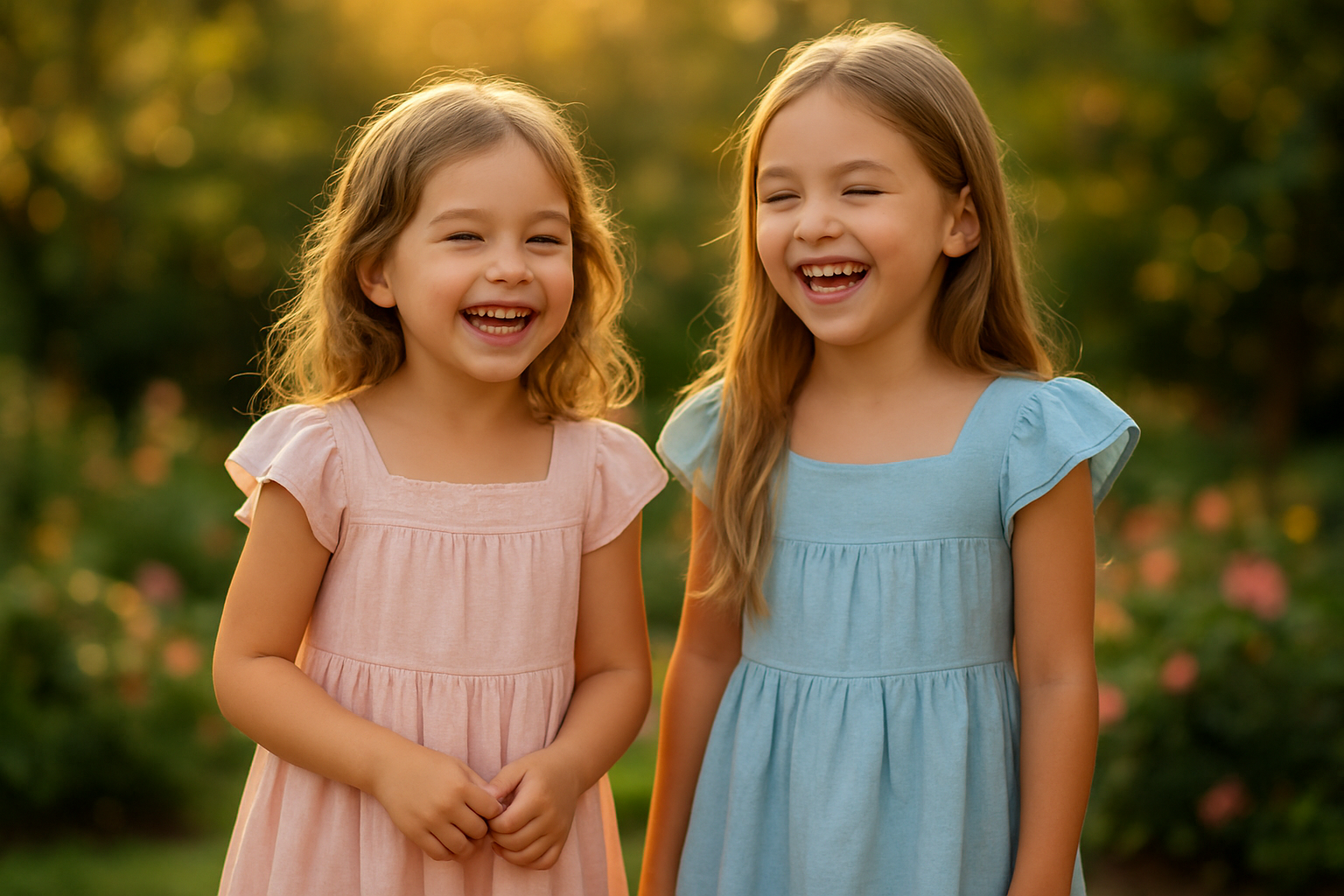 Two siblings wearing coordinating rented dresses for a family photo shoot