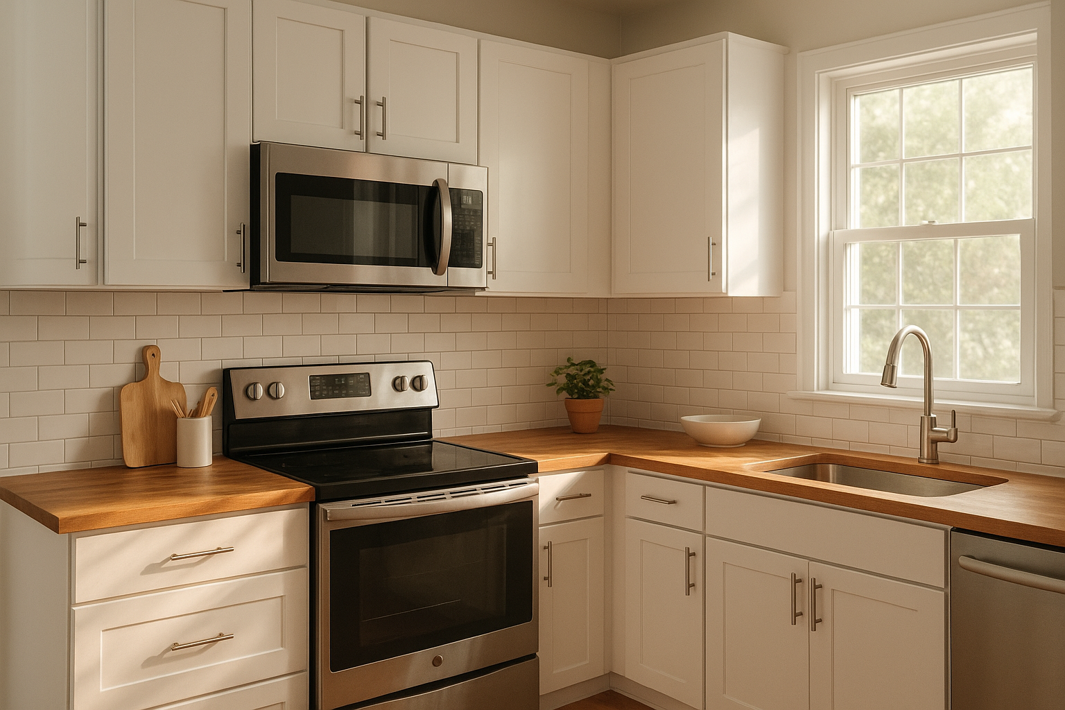 Bright kitchen after a kitchen cabinet renovation Cincinnati homeowners completed with new shaker-style doors