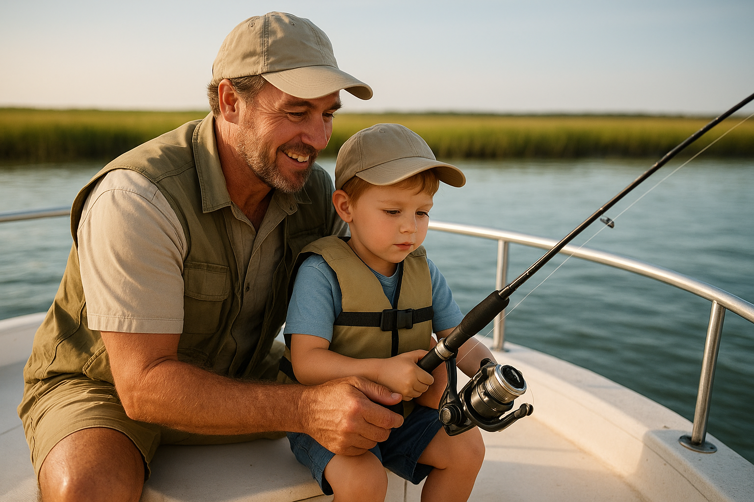 Captain guiding kids fishing lessons on a North Myrtle Beach charters boat
