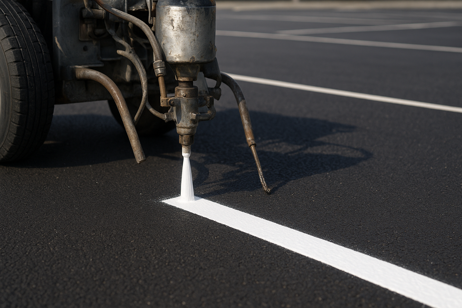 Professional striping machine applying quality pavement markings on a commercial parking lot