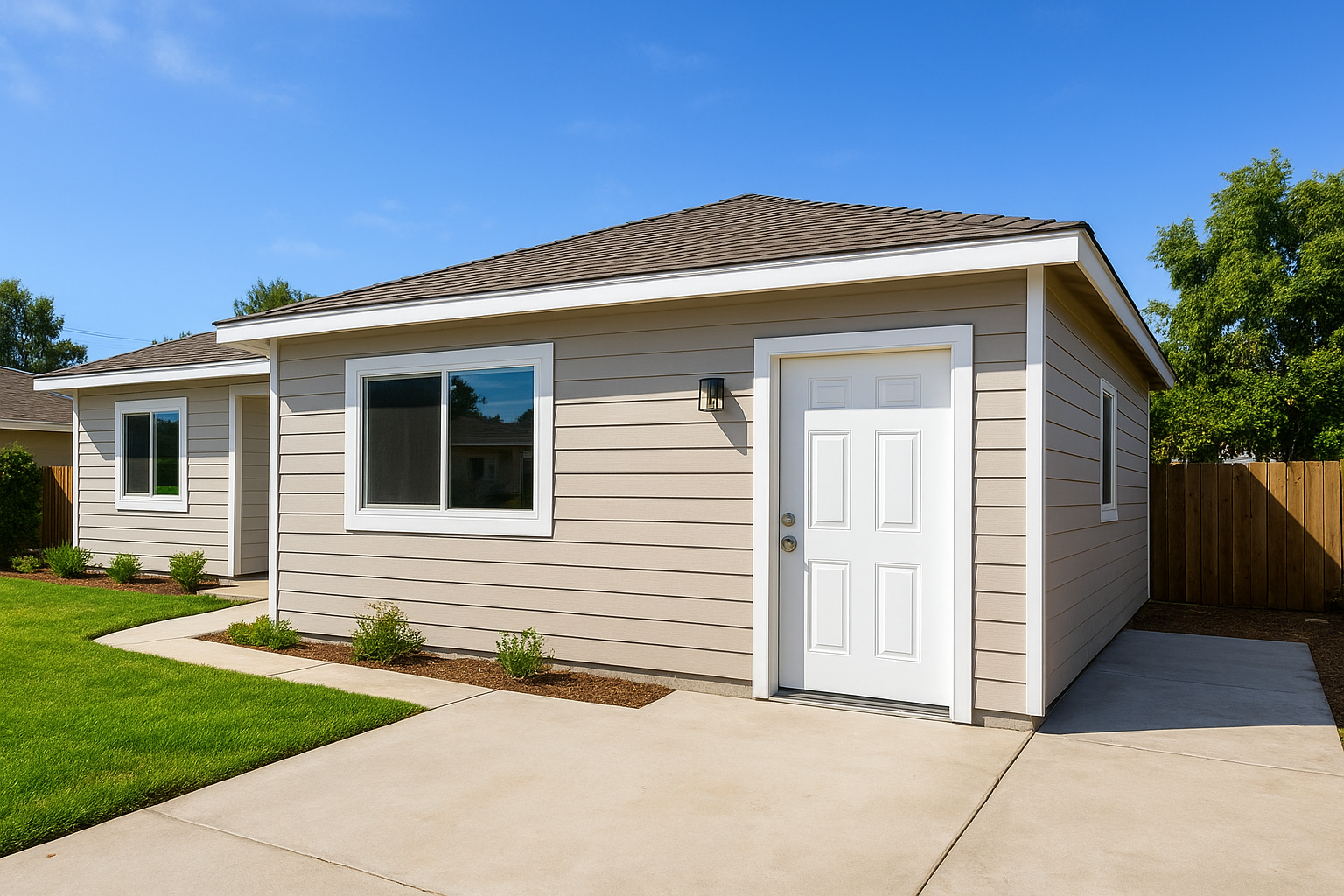 Exterior of a Southern California home featuring a converted garage ADU with separate entrance