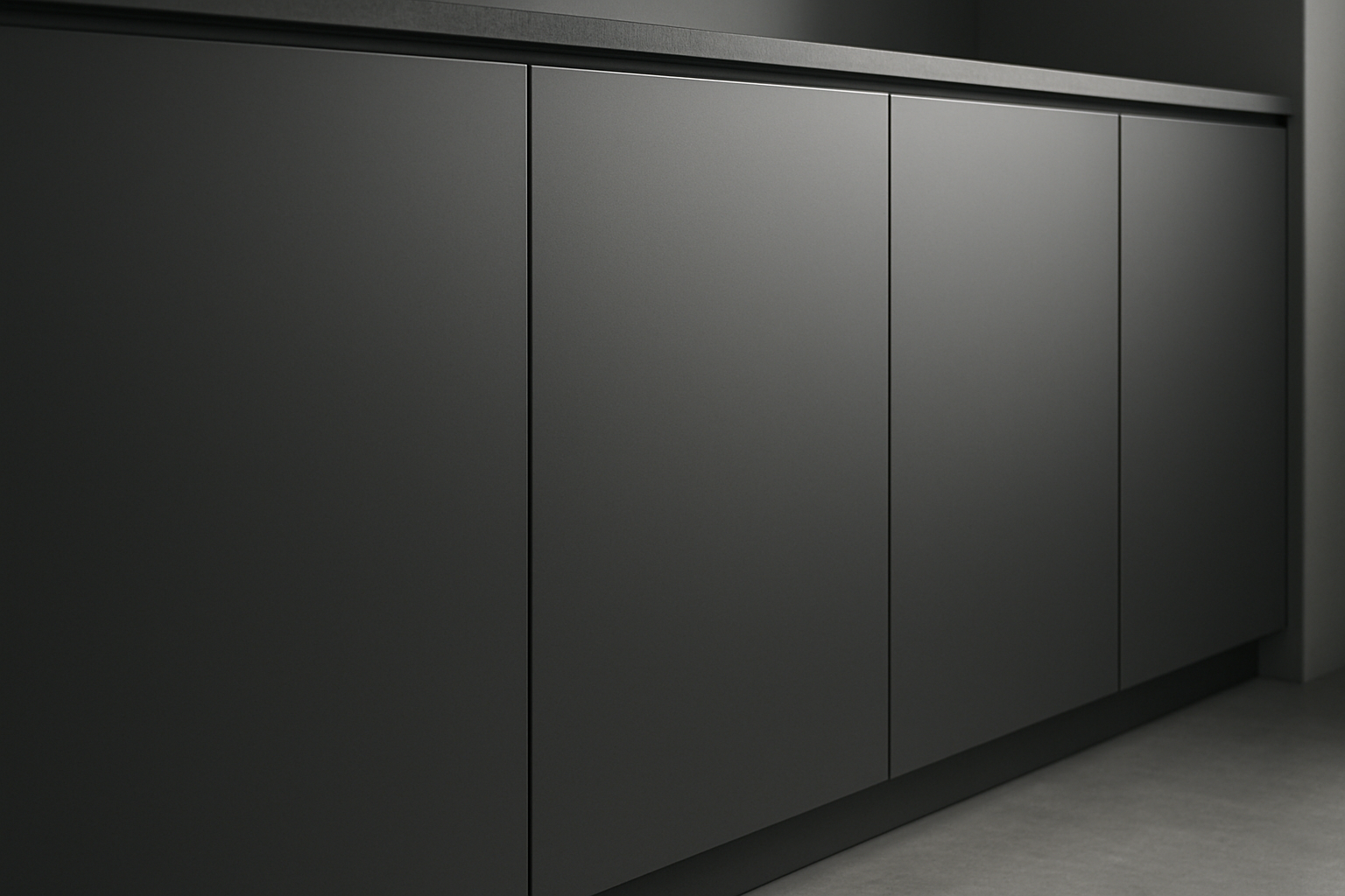 Flat-panel refaced cabinet doors in a modern charcoal finish