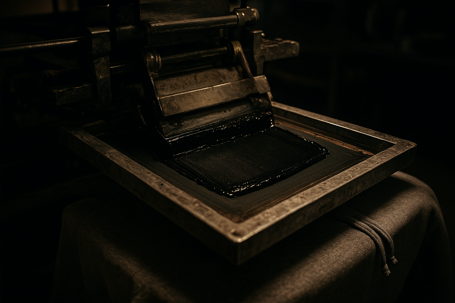 Close-up of screen printing ink press applying a bold graphic to hoodie fabric