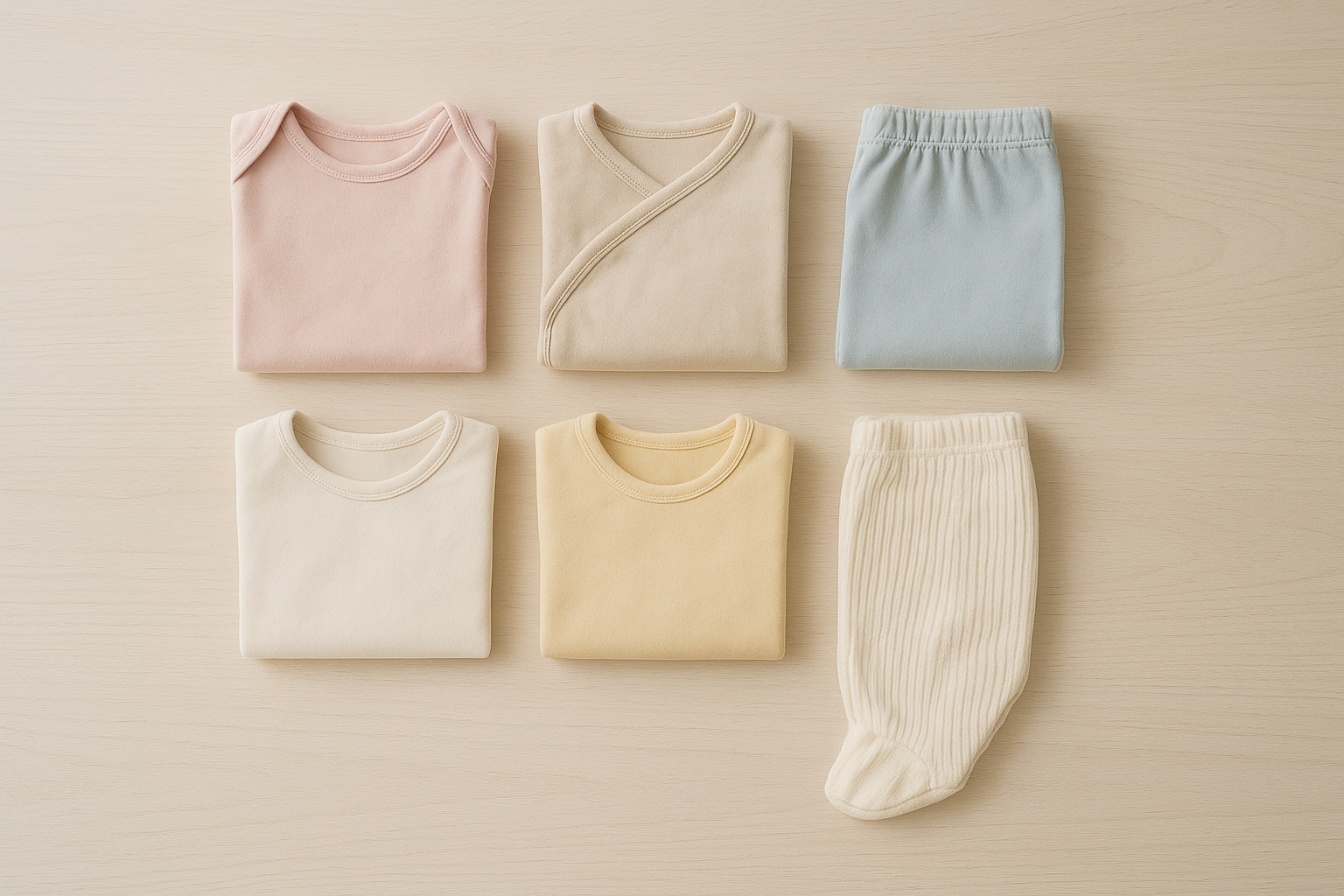 Flat lay of pastel baby and toddler clothes representing sustainable clothing rental