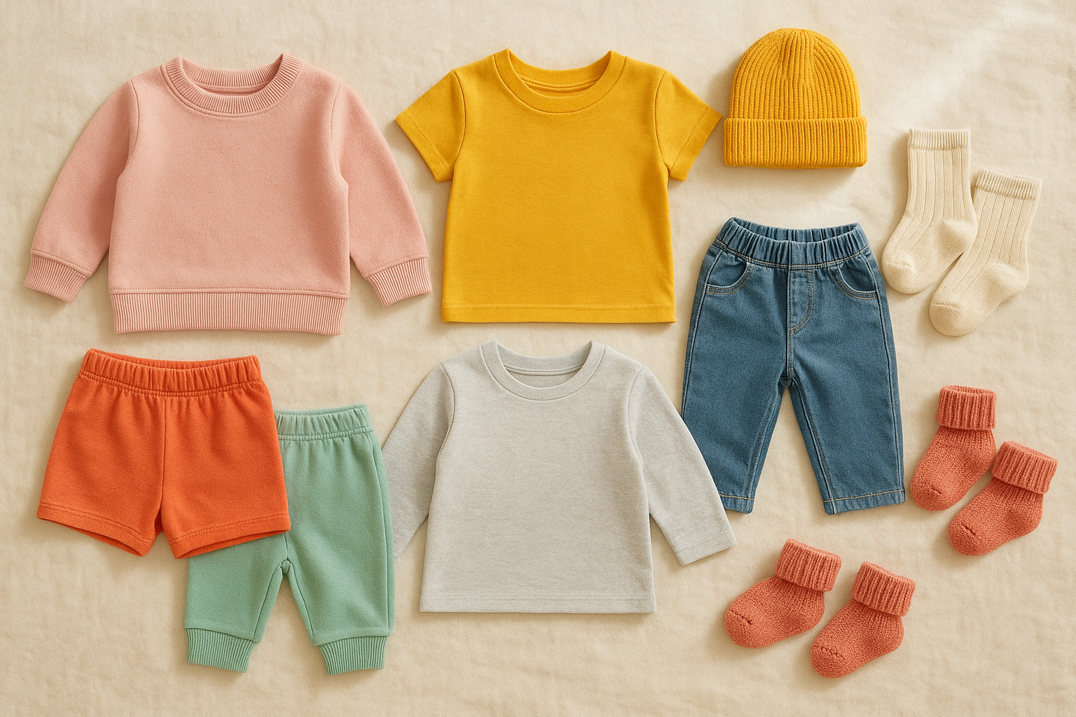 Curated kids outfit subscription box contents laid flat on a cream linen surface with colorful children's clothing