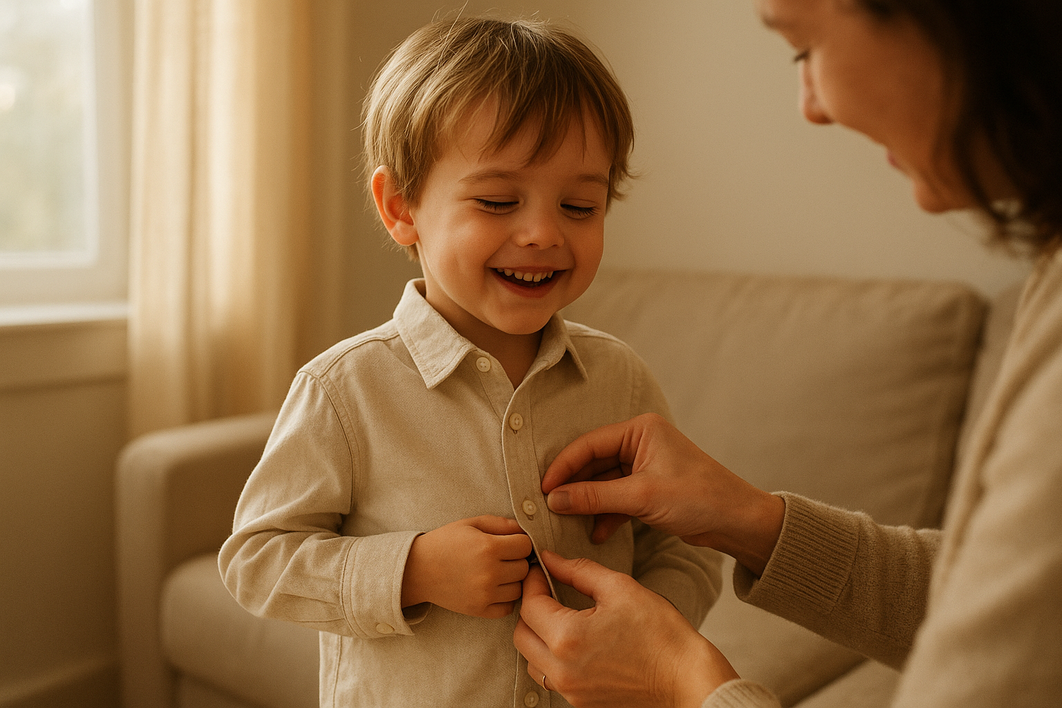 Child trying on new clothes from a monthly children's clothing rental delivery
