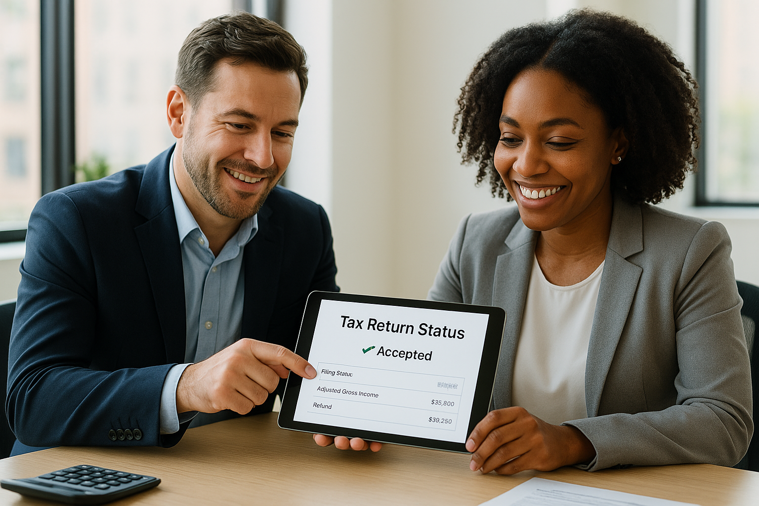 Accountant and client reviewing tax return status together in a secure portal