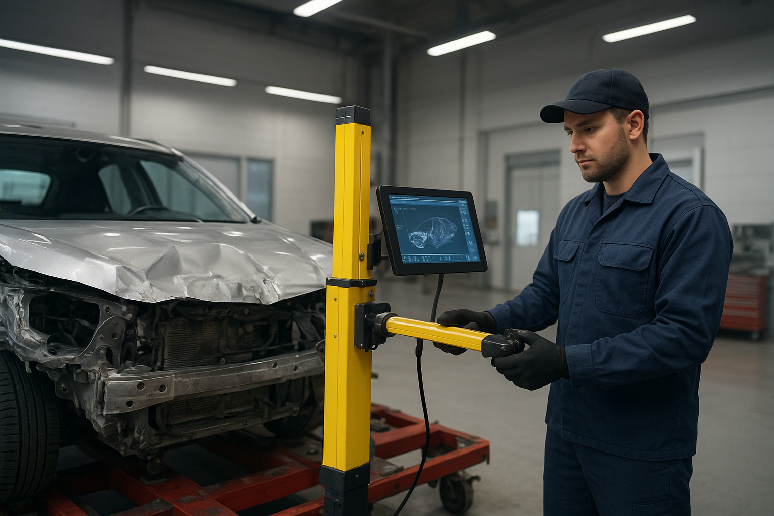 Technician measuring vehicle frame during structural auto body repair Brea process