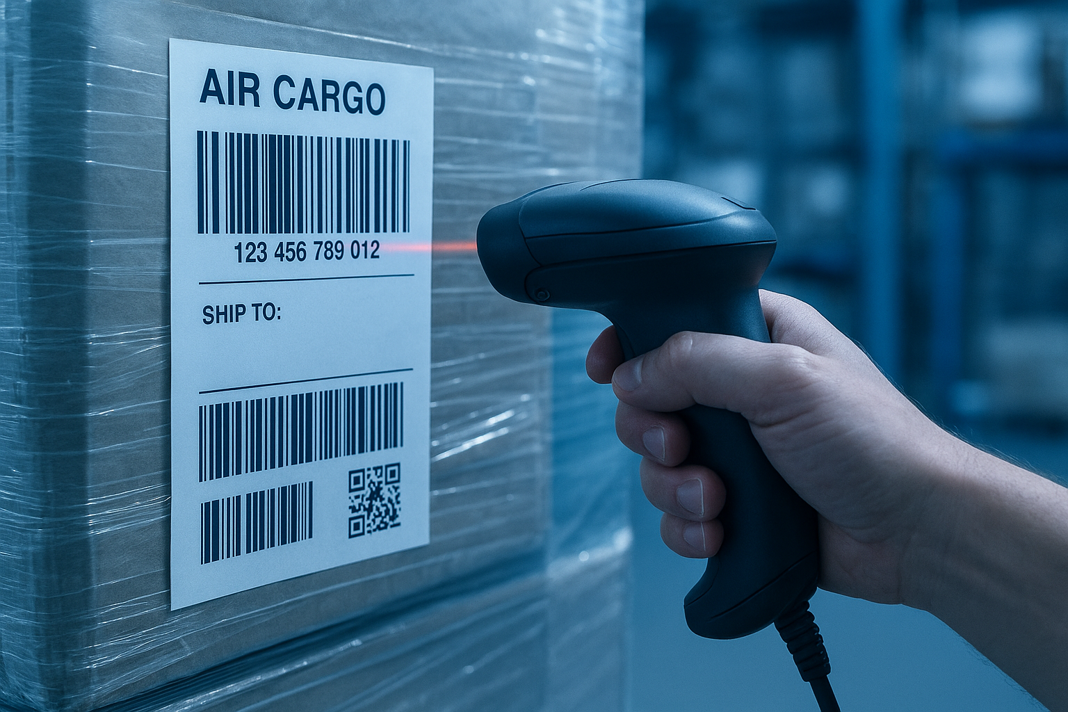 Barcode scanner capturing checkpoint data for air cargo tracking on a warehouse pallet