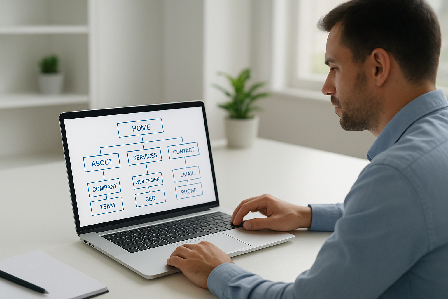Small business owner mapping out a content silo structure on a laptop