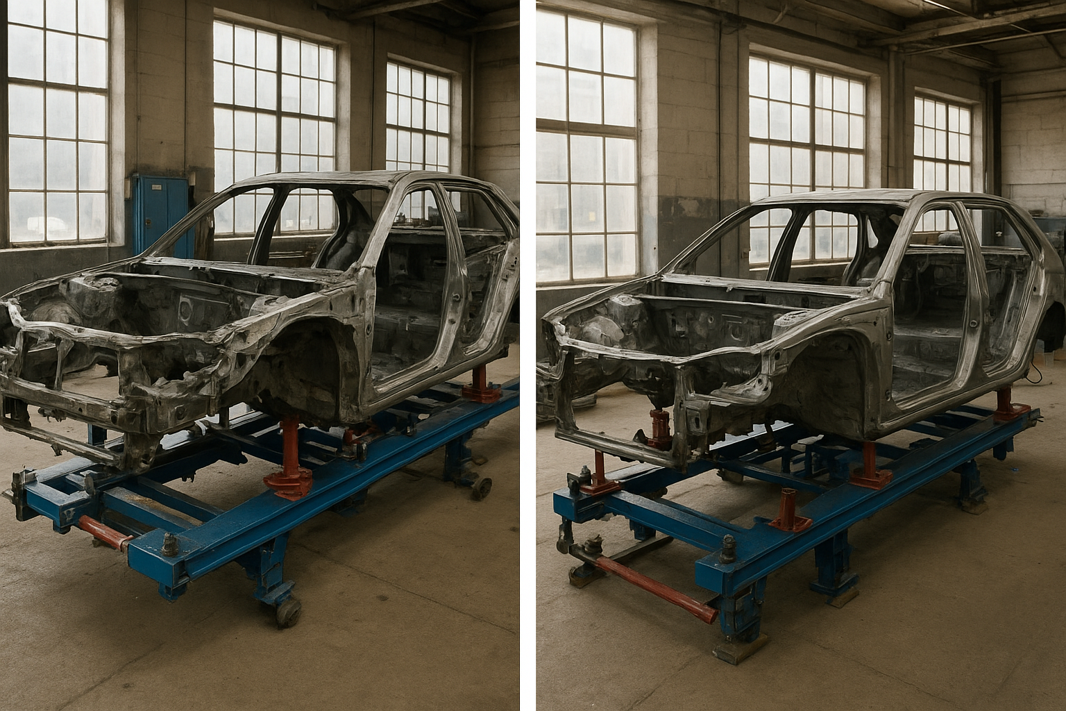 Before and after comparison of a straightened car frame on a hydraulic repair rack