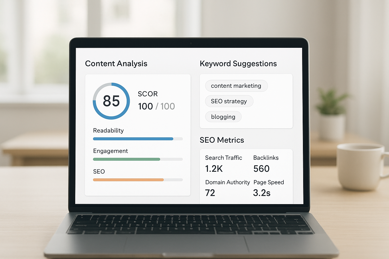 Dashboard showing AI content optimization tools analyzing website content for search rankings