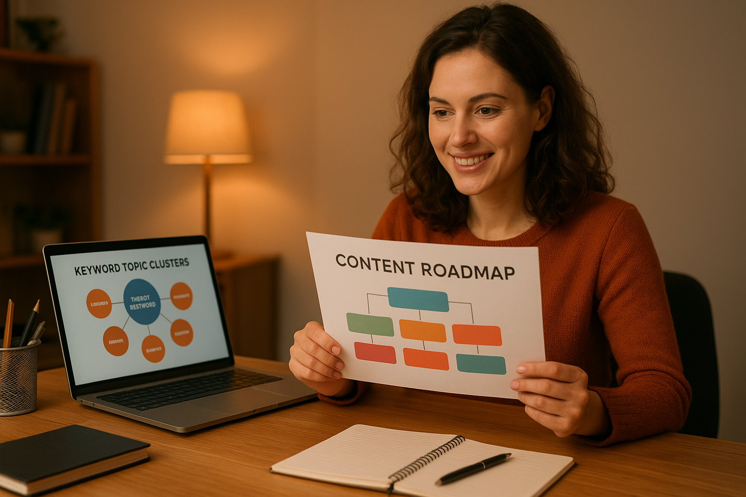 Small business owner reviewing a content roadmap built from automated keyword research