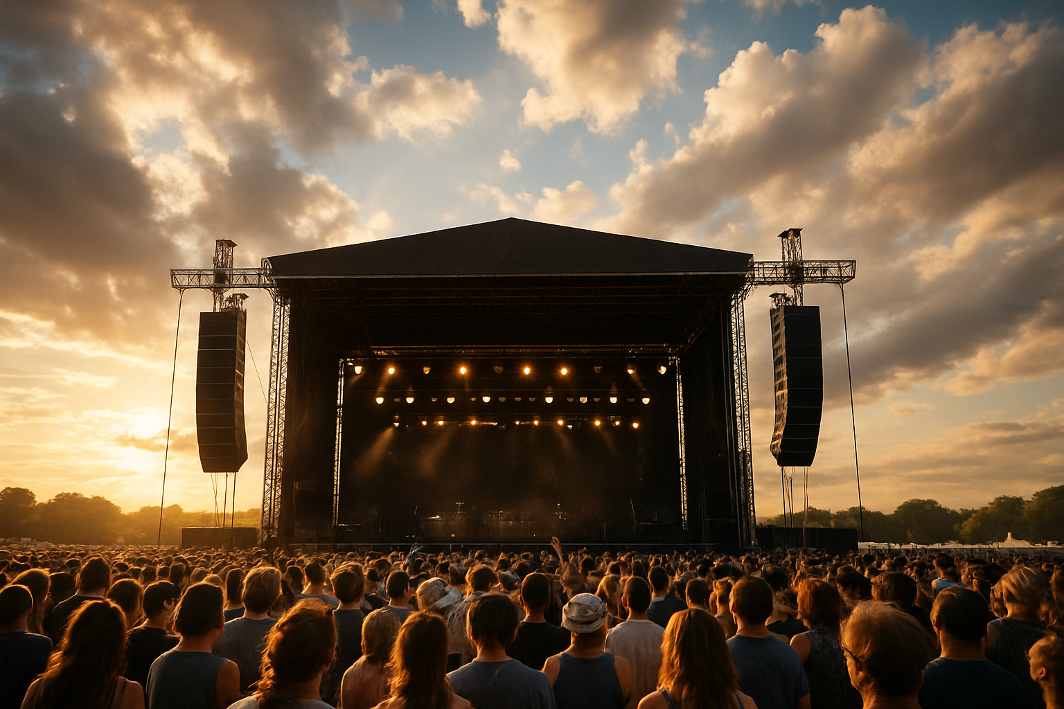 Professional temporary sound systems for events set up at an outdoor music festival with line array speakers