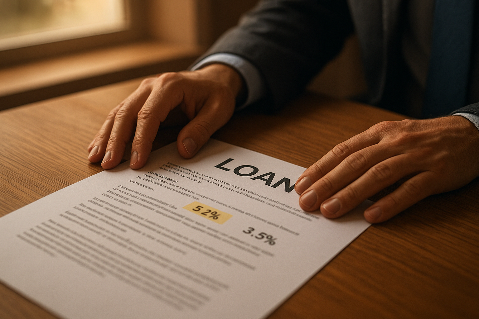 Small business owner reviewing bank interest rates on a printed loan agreement