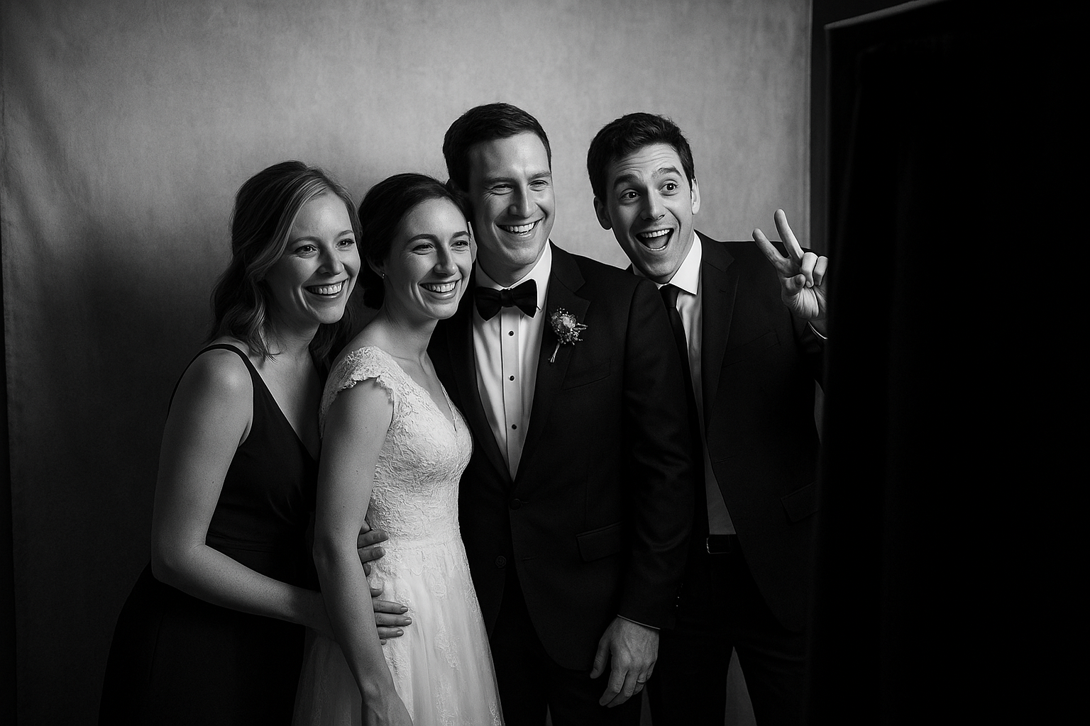 Wedding guests posing at a black and white photo booth with a textured backdrop