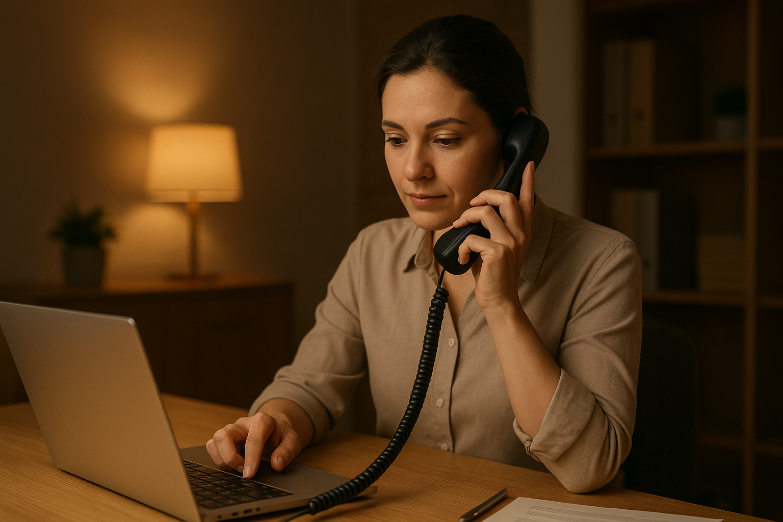 Business owner dialing the sba loan contact number from an office desk
