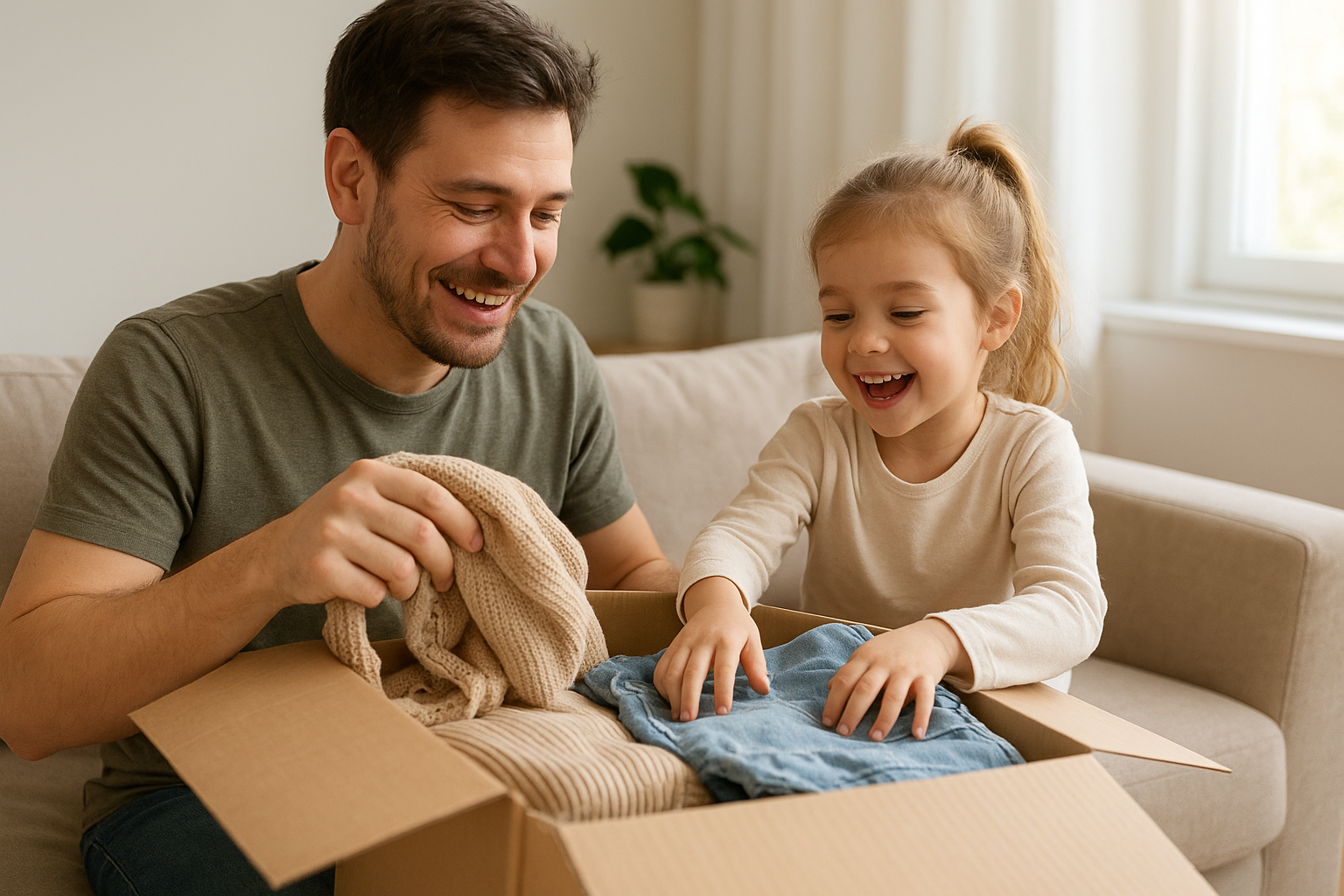 Parent and child opening a monthly children's clothing subscription delivery