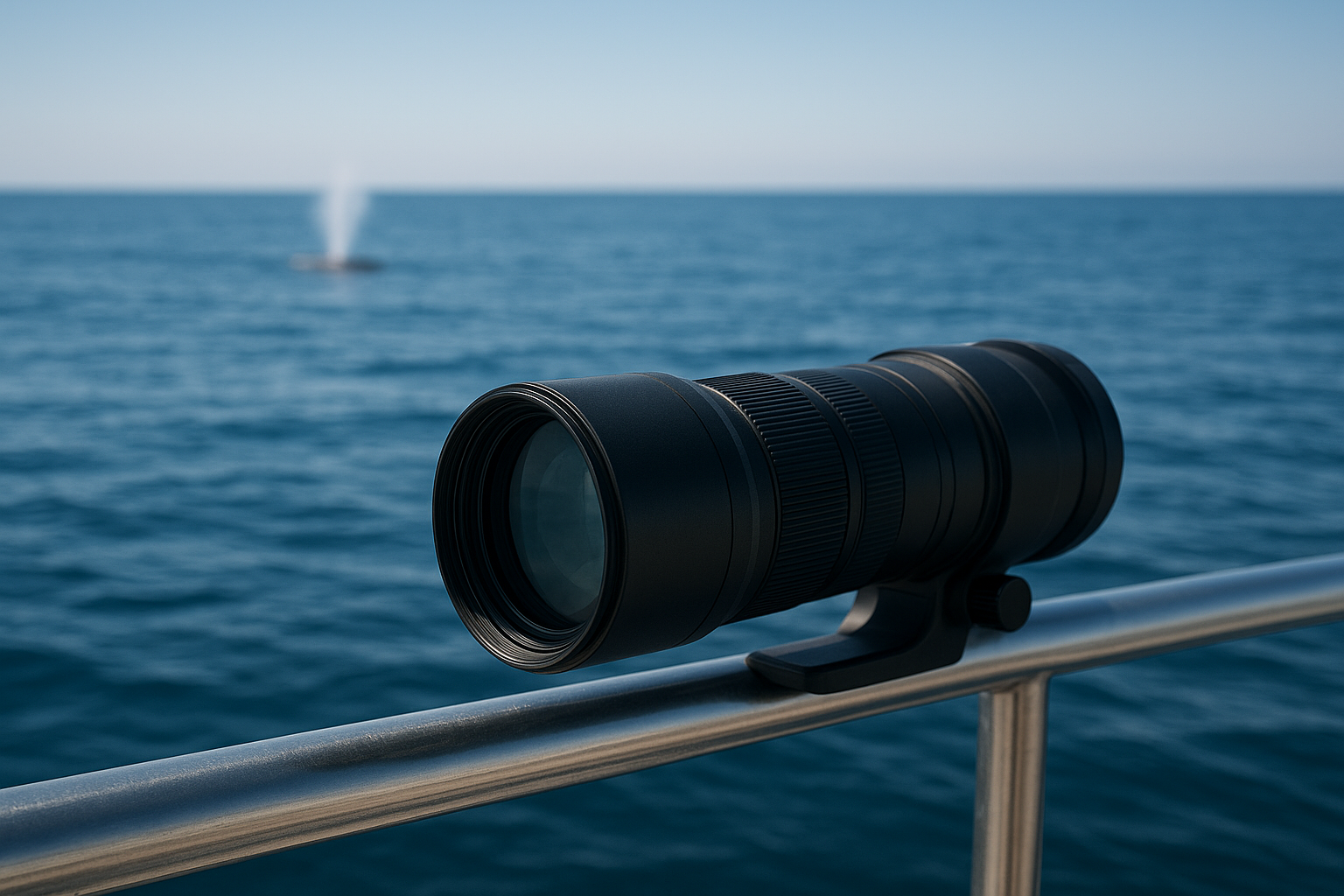 Telephoto lens ready for a whale spout during a wildlife photo boat tour