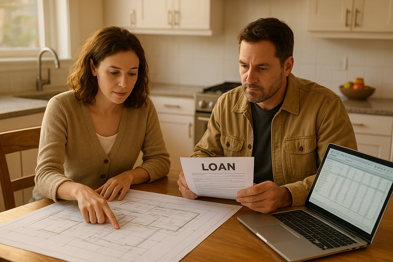 Homeowner reviewing adu construction loans california paperwork with a contractor
