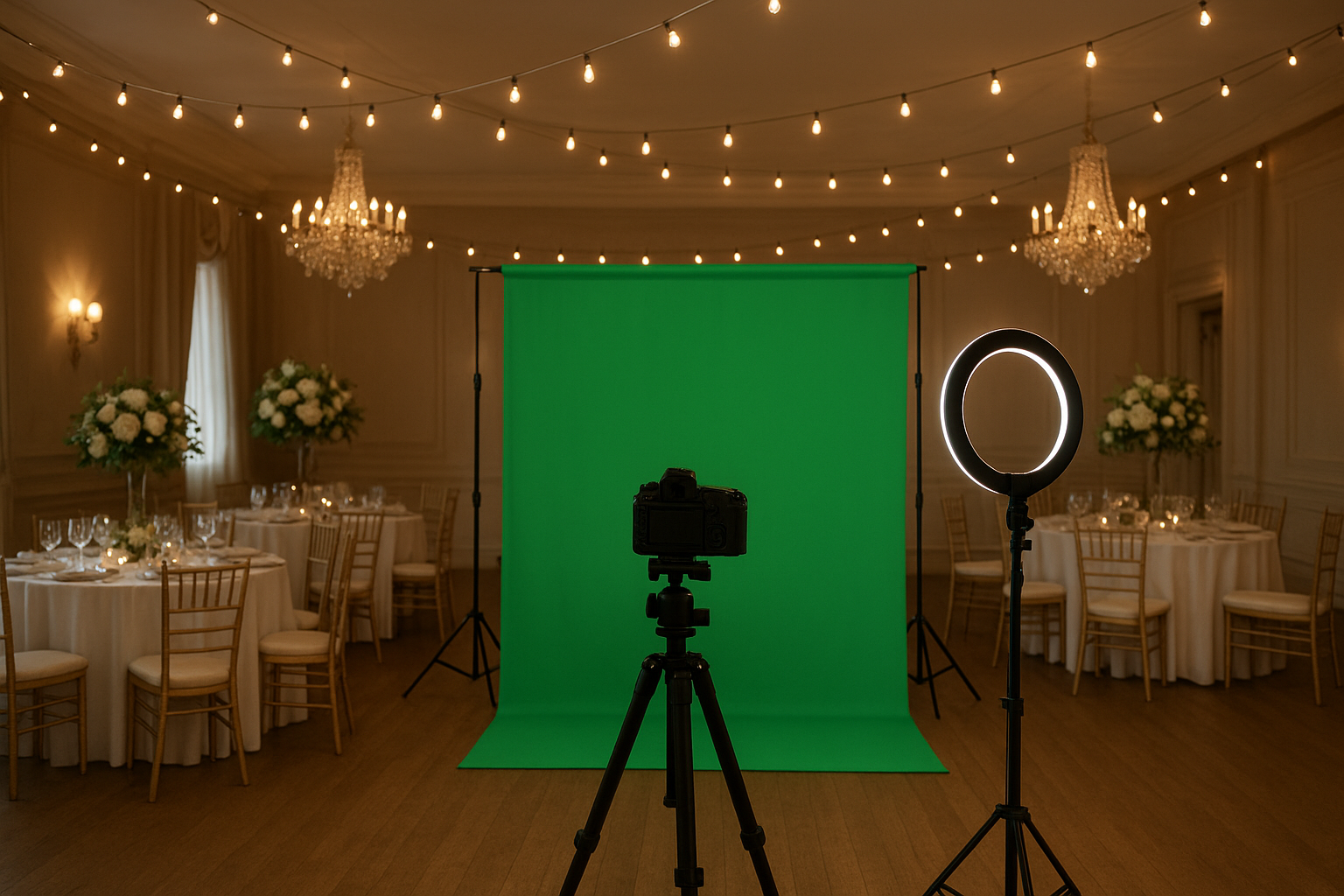 Green screen backdrop setup for a Western Kentucky wedding photo booth